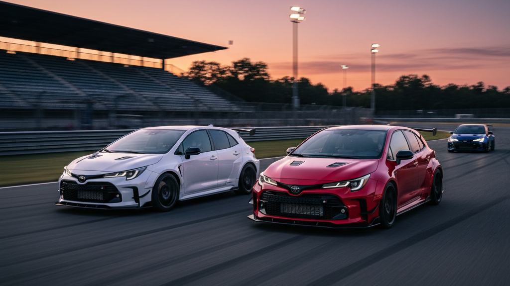 Editorial, photo-realistic HERO for an automotive daily news article titled "Toyota GRMN Corolla Leaks Spicy Trim Details – Daily Car News (2025-09-15