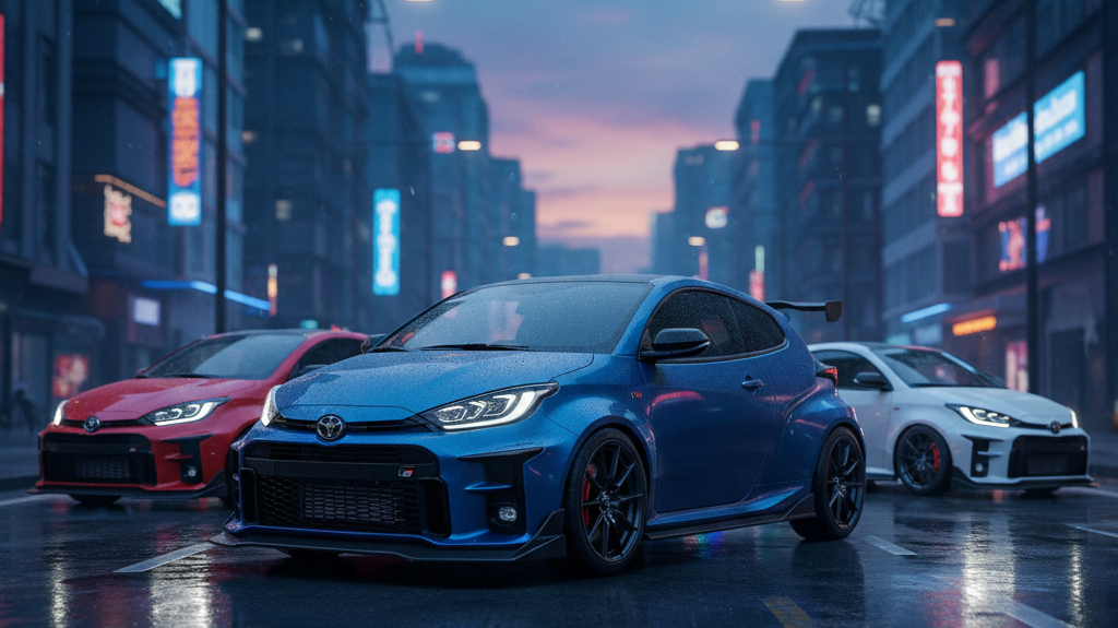 Editorial, photo-realistic HERO for an automotive daily news article titled "Toyota GR Yaris GTS Gains Factory Aero Upgrades – Daily Car News (2025-09