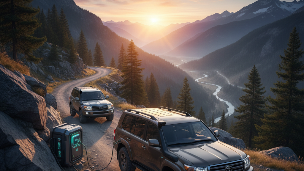 Editorial, photo-realistic HERO for an automotive daily news article titled "Toyota LandCruiser Explores Diesel-Electric Hybrid Options – Daily Car Ne