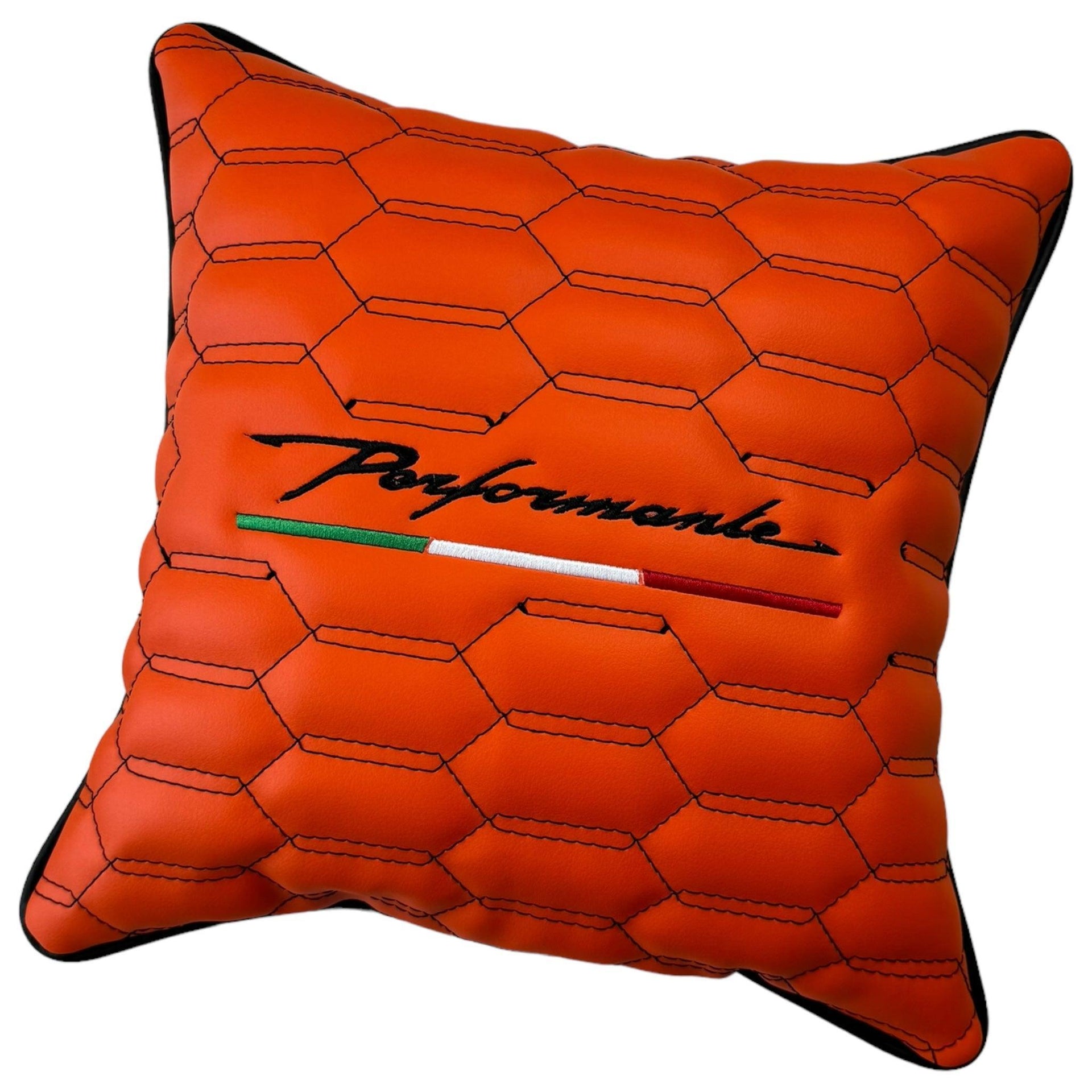 Orange Leather Pillows Performante Set of 2 with Black Sewing - AutoWin
