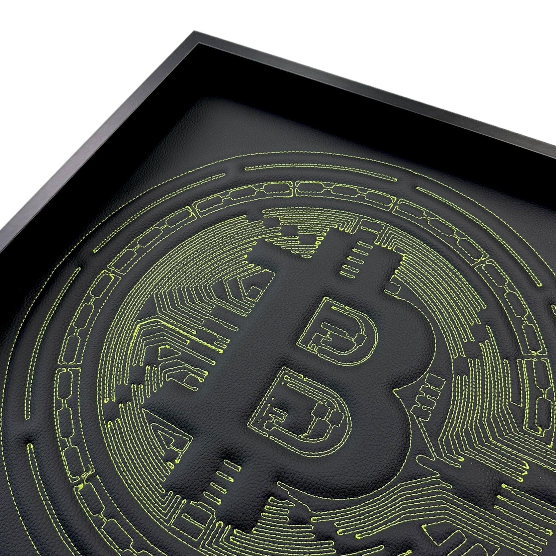 Black Leather Bitcoin Inspired Wall Art: Embroidered Green Stitch Luxury Decor - AutoWin