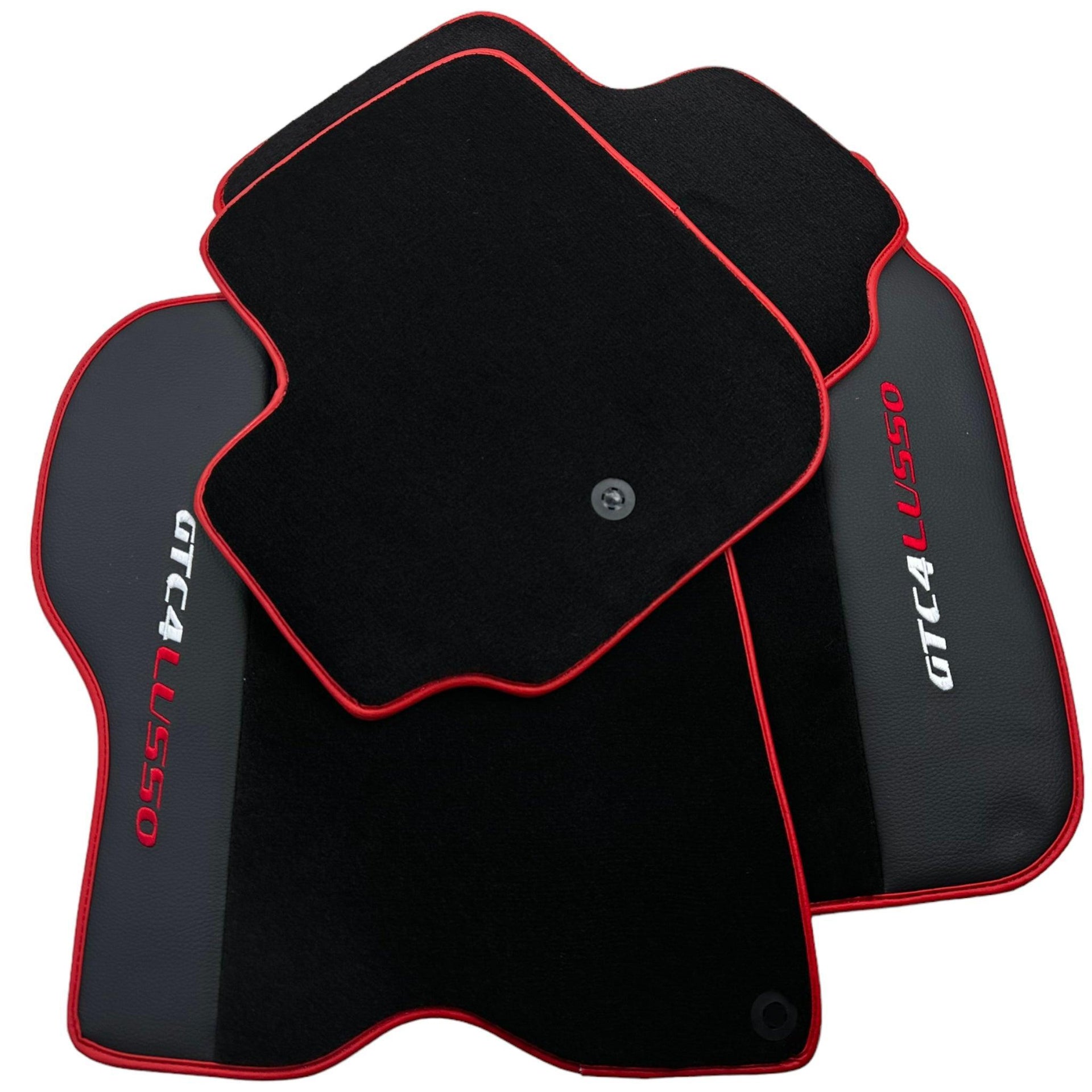 Black Floor Mats For Ferrari GTC4 Lusso (2016-2023) with Leather and Red Trim - AutoWin