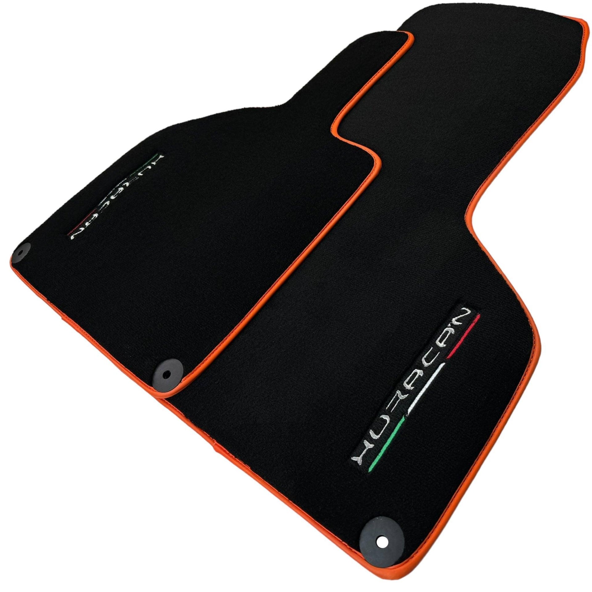 Black Floor Mats for Lamborghini Huracan (2014-2023) with Orange Leather Trim - AutoWin