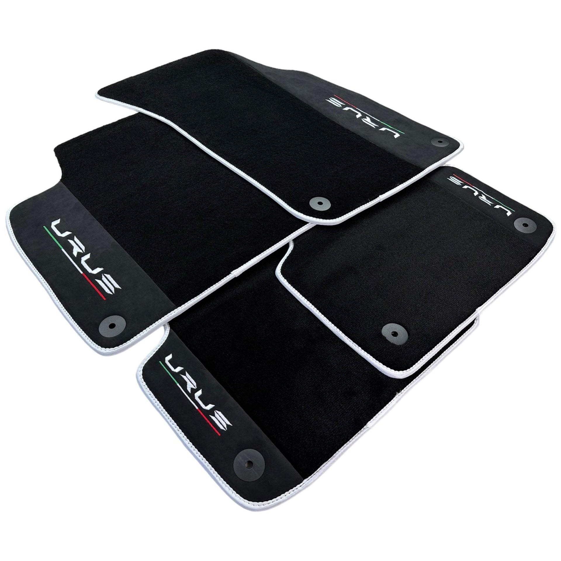 Black Floor Mats For Lamborghini Urus With Alcantara Leather White Trim - AutoWin