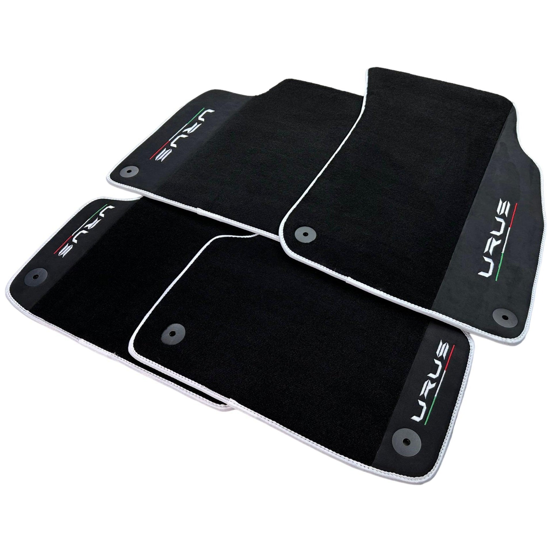 Black Floor Mats For Lamborghini Urus With Alcantara Leather White Trim - AutoWin