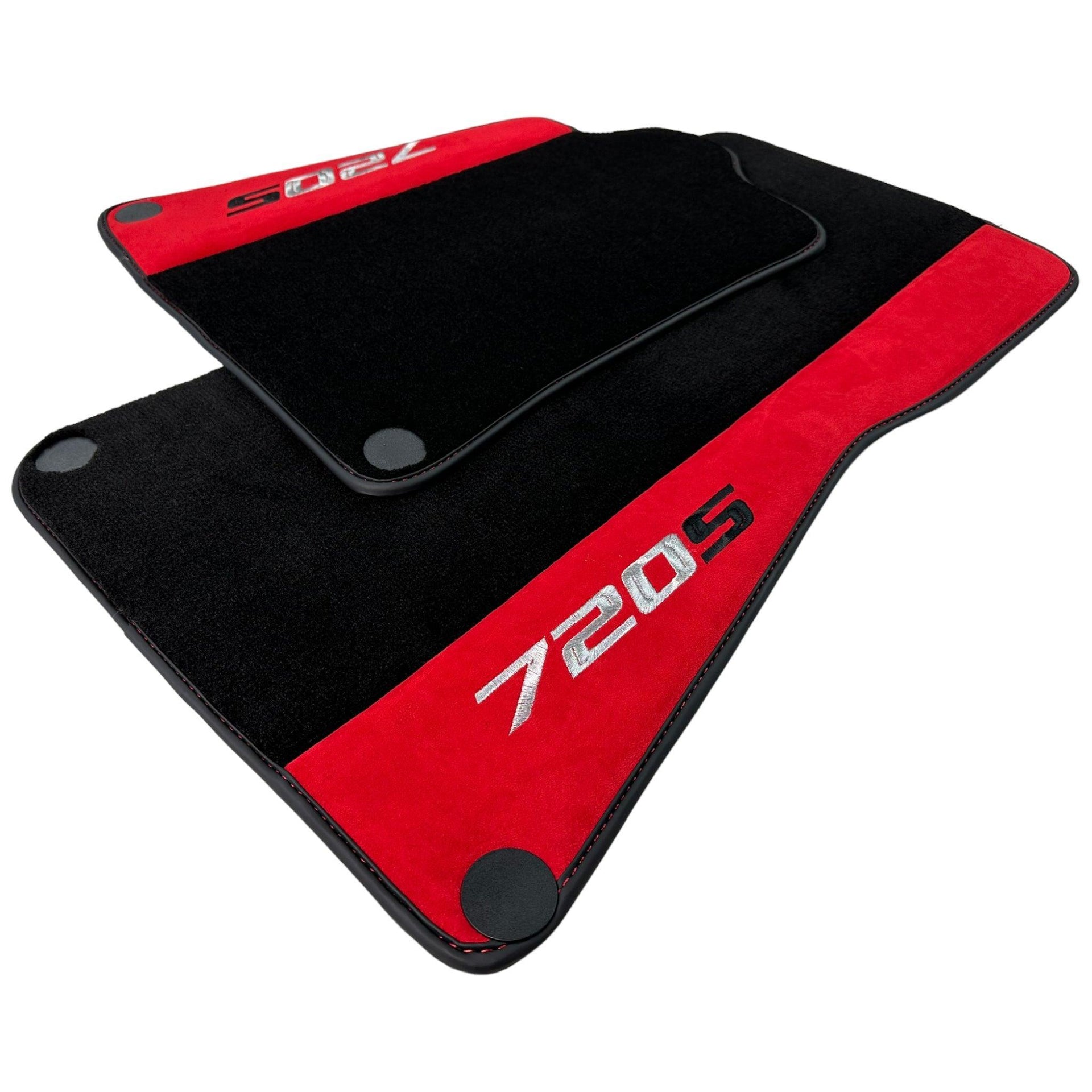 Black Floor Mats For McLaren 720S Year 2017-2021 With Red Alcantara Leather - AutoWin