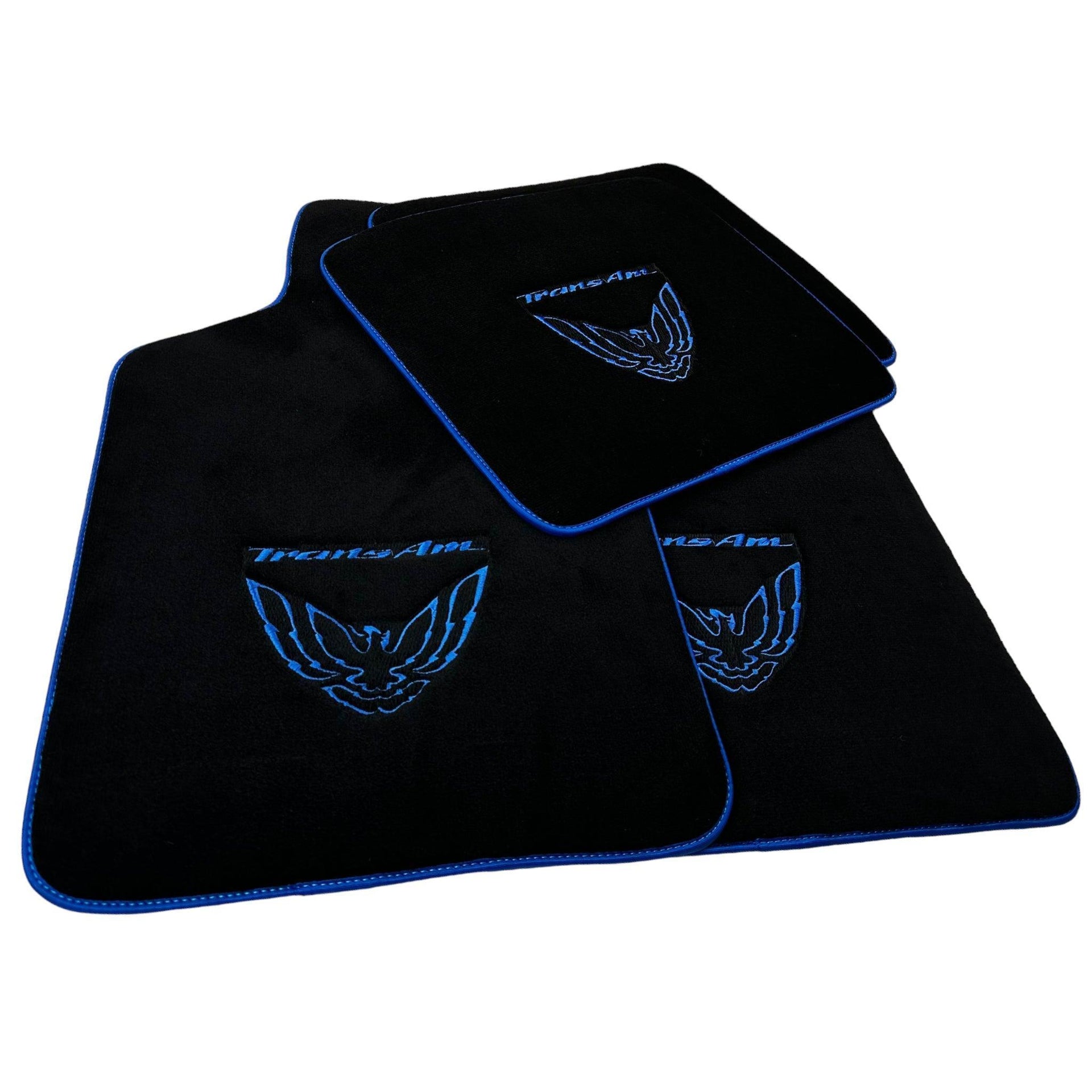 Black Floor Mats with Blue Trim for Pontiac FireBird (1970-1981) with Trans Am Logo - AutoWin