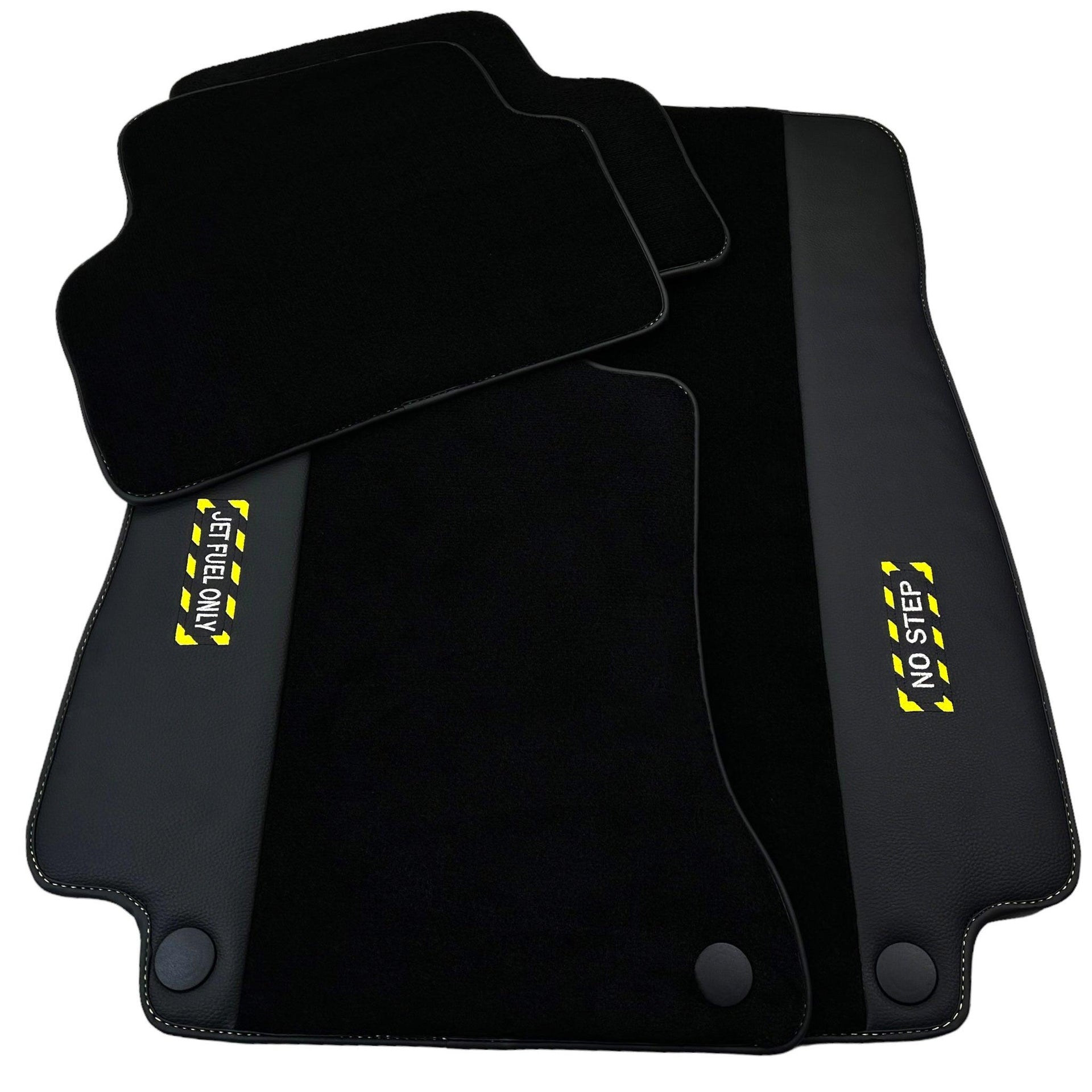 Black Floor Mats with Leather for Mercedes Benz E-Class W213 Sedan (2016-2020) - "Jet Fuel Only" - AutoWin
