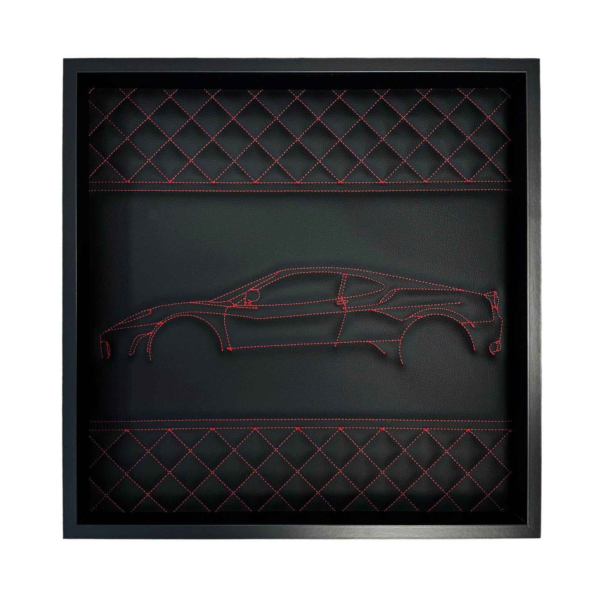 Black Leather Ferrari F430 Inspired Wall Art: Embroidered Red Stitch Luxury Decor - AutoWin