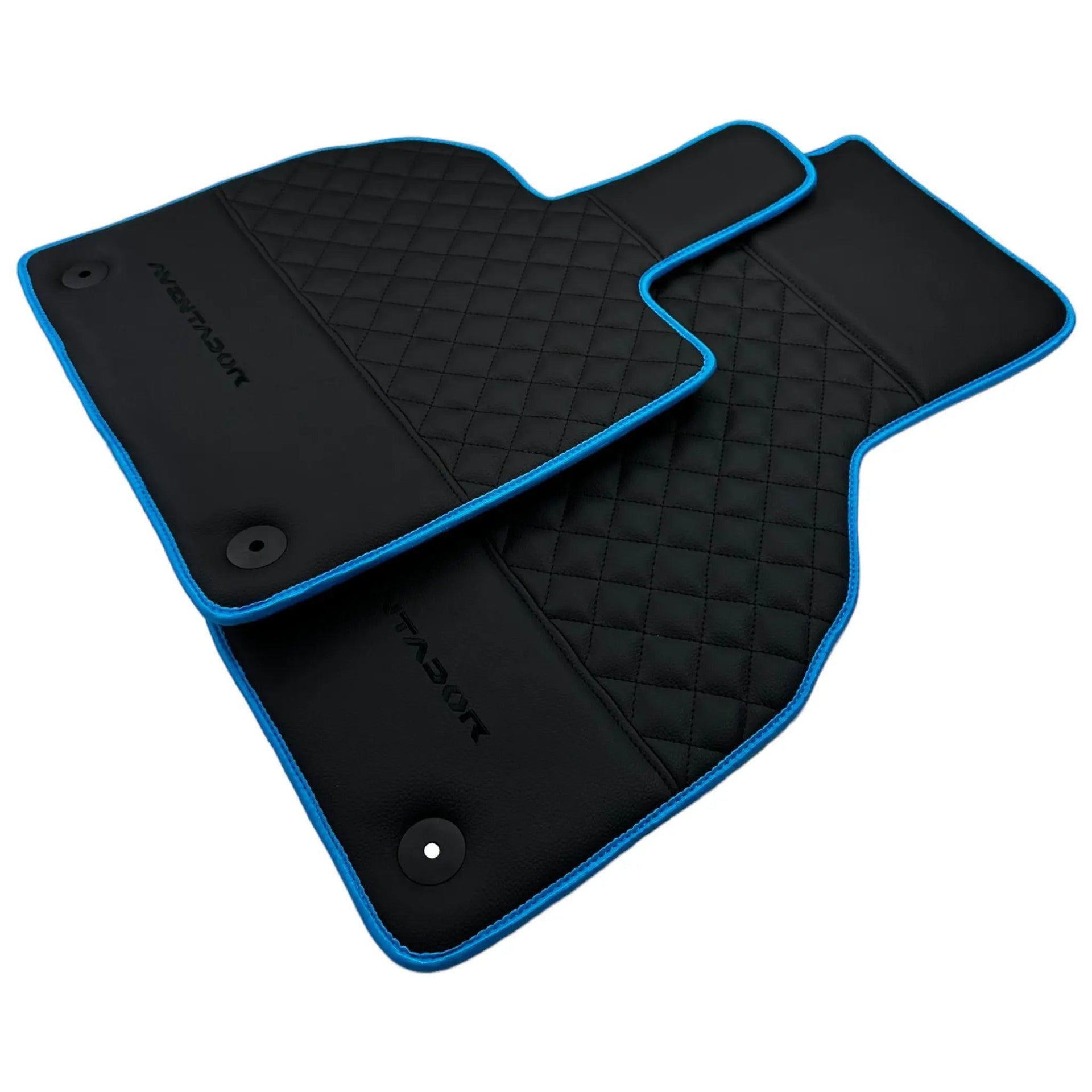 Black Leather Floor Mats For Lamborghini Aventador with Blue Trim - AutoWin