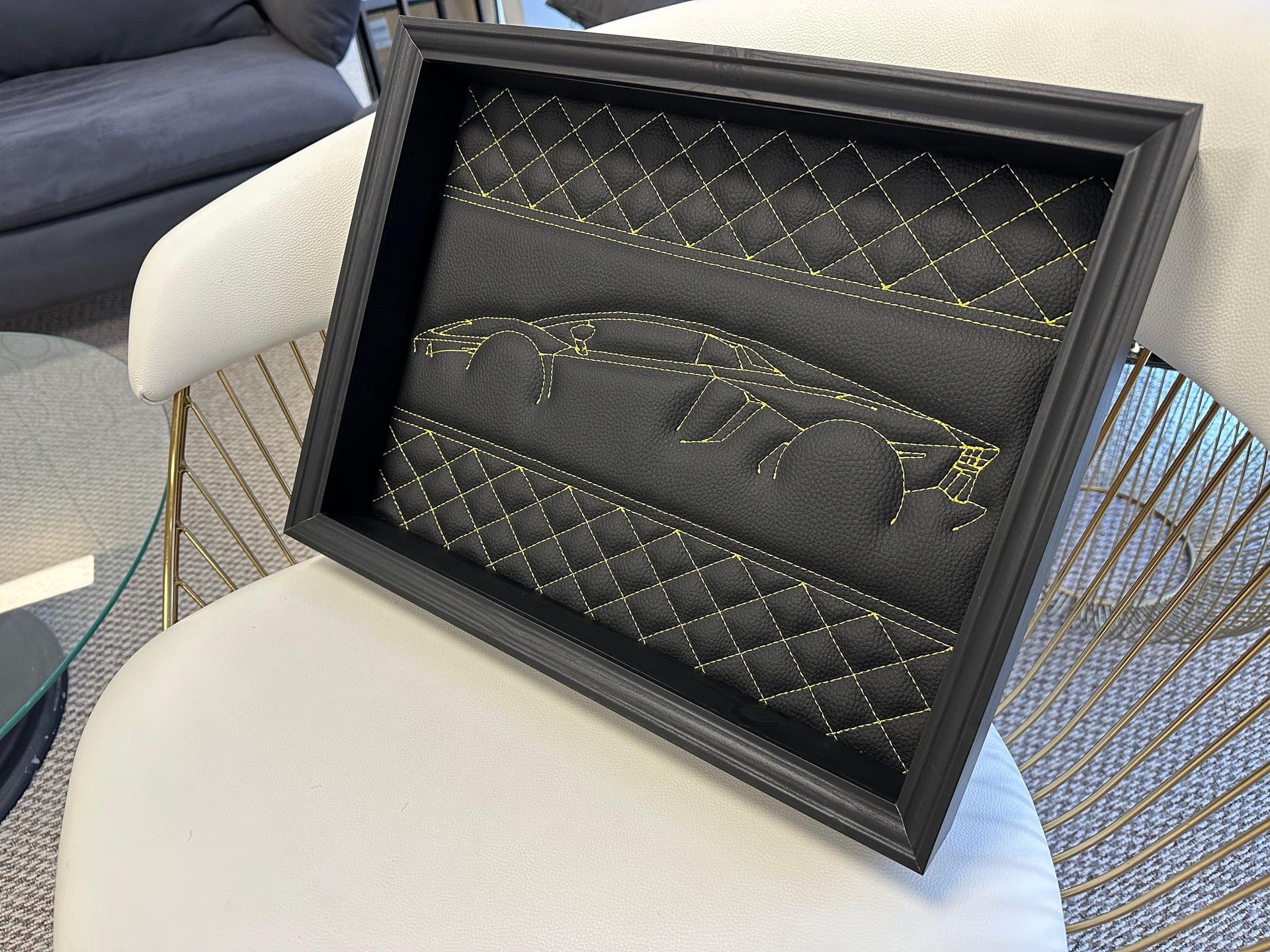 Black Leather Lamborghini Aventador Inspired Wall Art: Embroidered Yellow Stitch - AutoWin