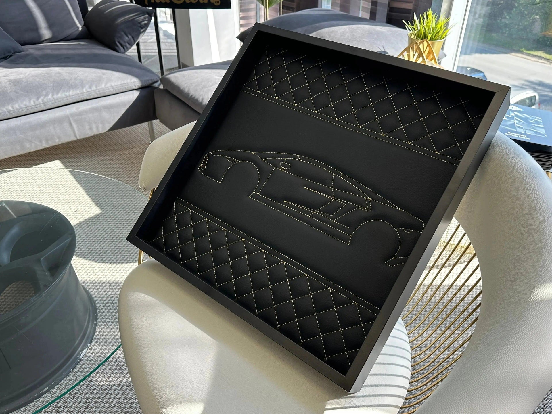 Black Leather Lamborghini Gallardo Inspired Wall Art: Embroidered Yellow Stitch Luxury Decor - AutoWin