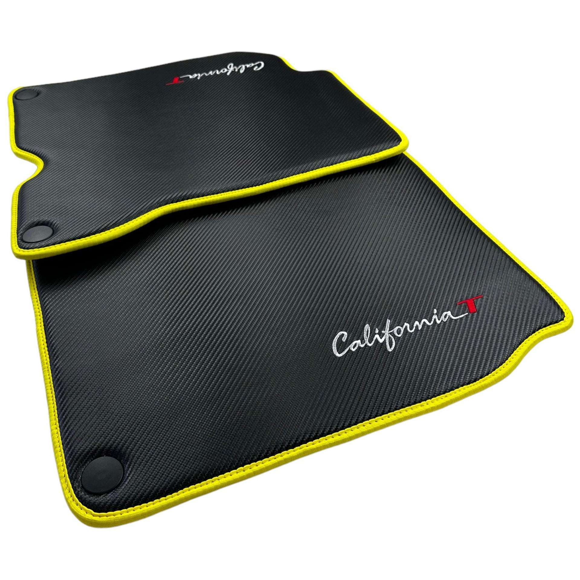 Carbon Fiber Leather Floor Mats For Ferrari California T (2015-2018) with Yellow Trim - AutoWin