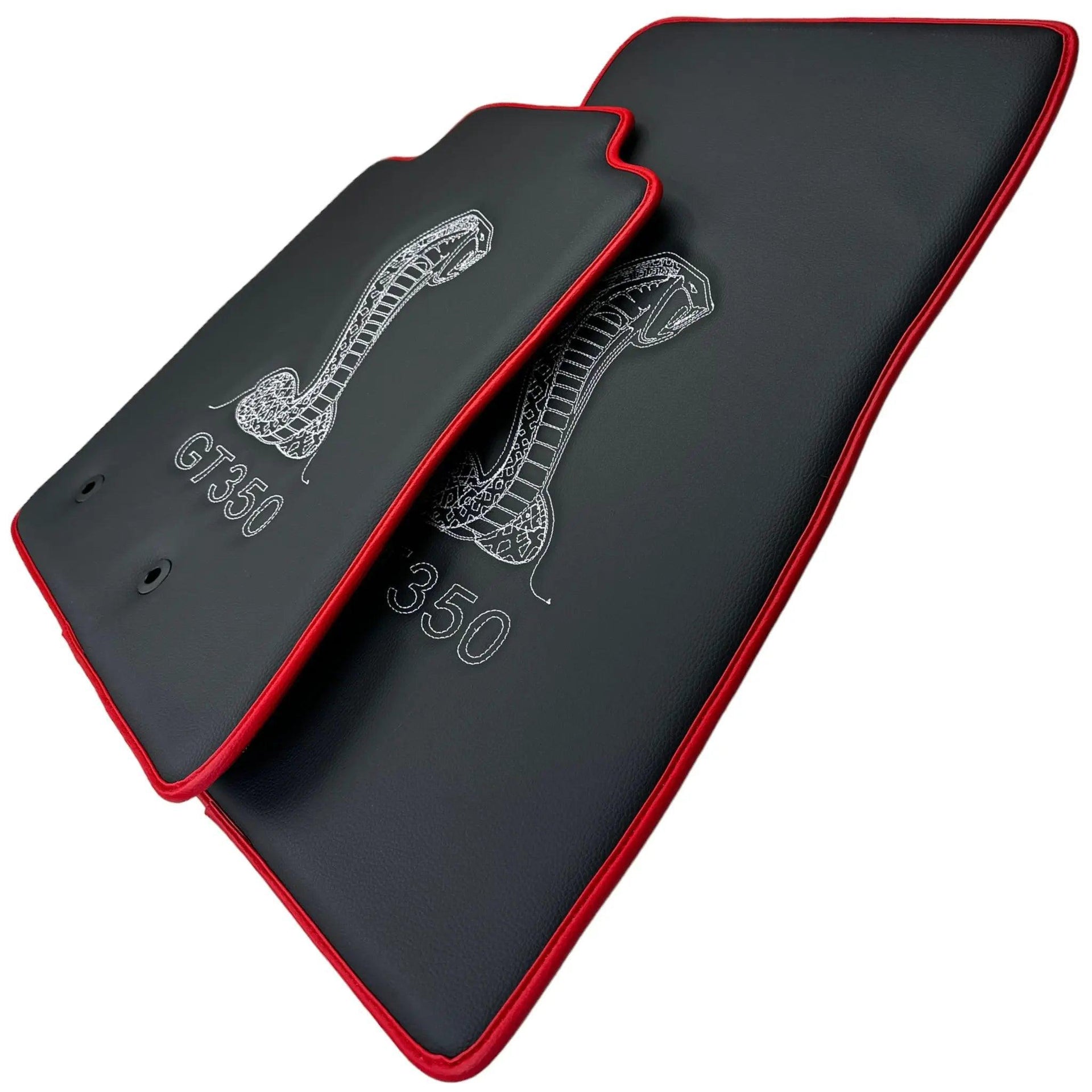 Leather Floor Mats with Red Trim for Ford Mustang GT350 Shelby (2015-2021) with Cobra Sewing - AutoWin