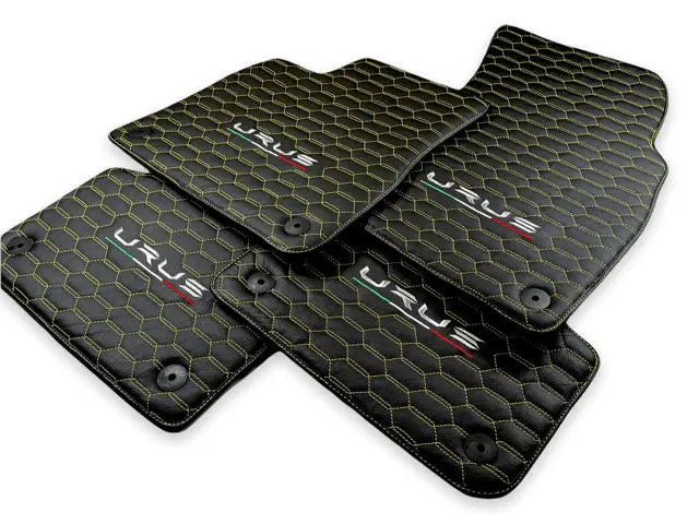 Floor Mats For Lamborghini Urus Leather Yellow Stitching - AutoWin