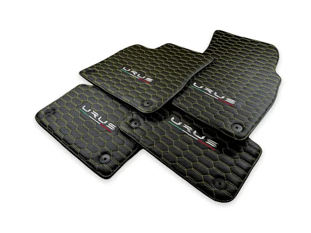 Floor Mats For Lamborghini Urus Leather Yellow Stitching - AutoWin