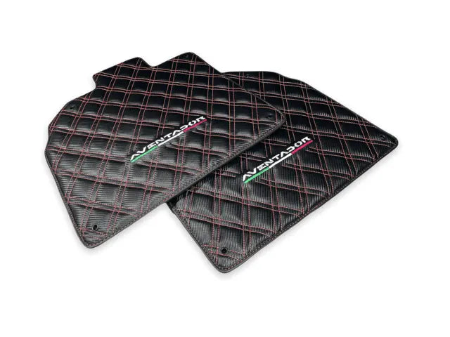 Floor Mats for Lamborghini Aventador Carbon Fiber Leather Red Stitching - AutoWin
