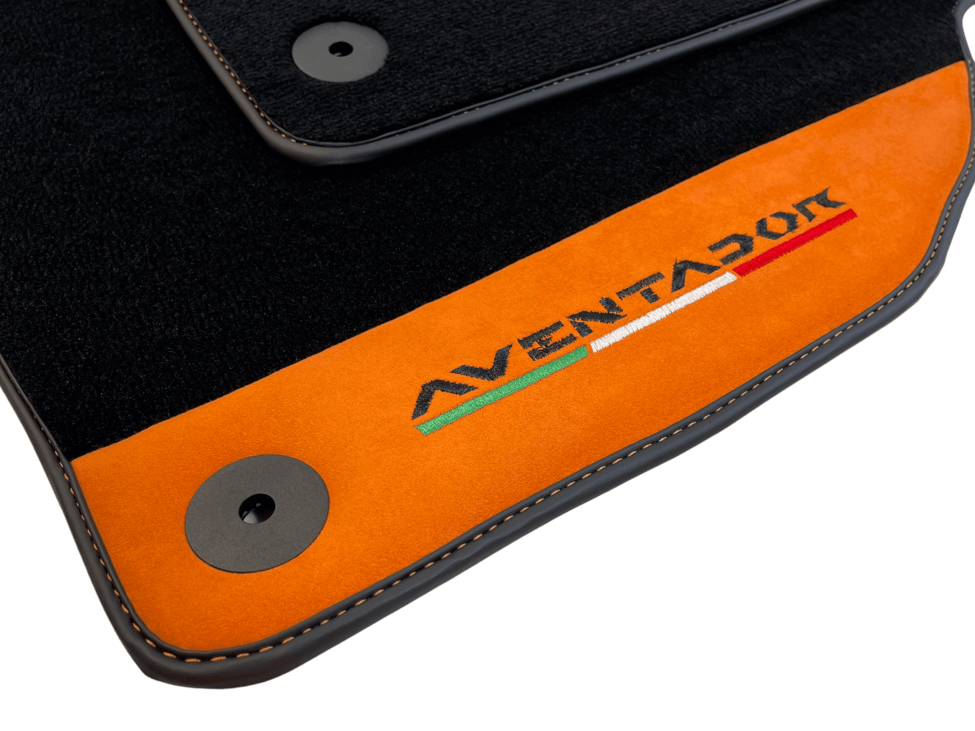 Black Floor Mats for Lamborghini Aventador With Orange Alcantara Leather - AutoWin