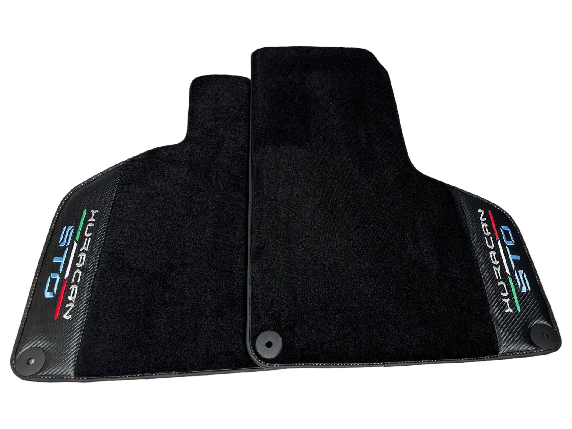 Huracan STO Black Mats: Carbon Fiber Leather & Orange Sewing