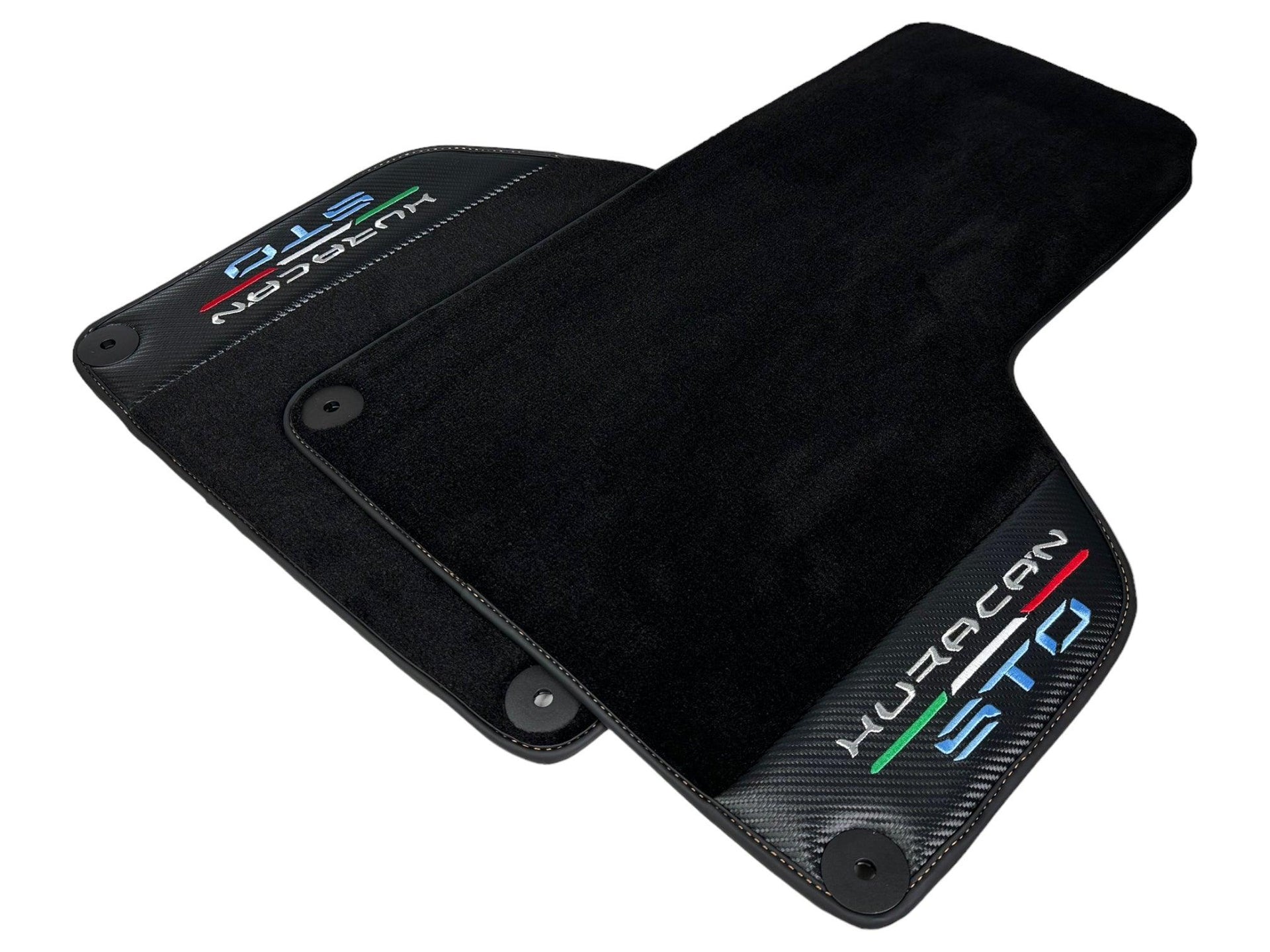 Huracan STO Black Mats: Carbon Fiber Leather & Orange Sewing