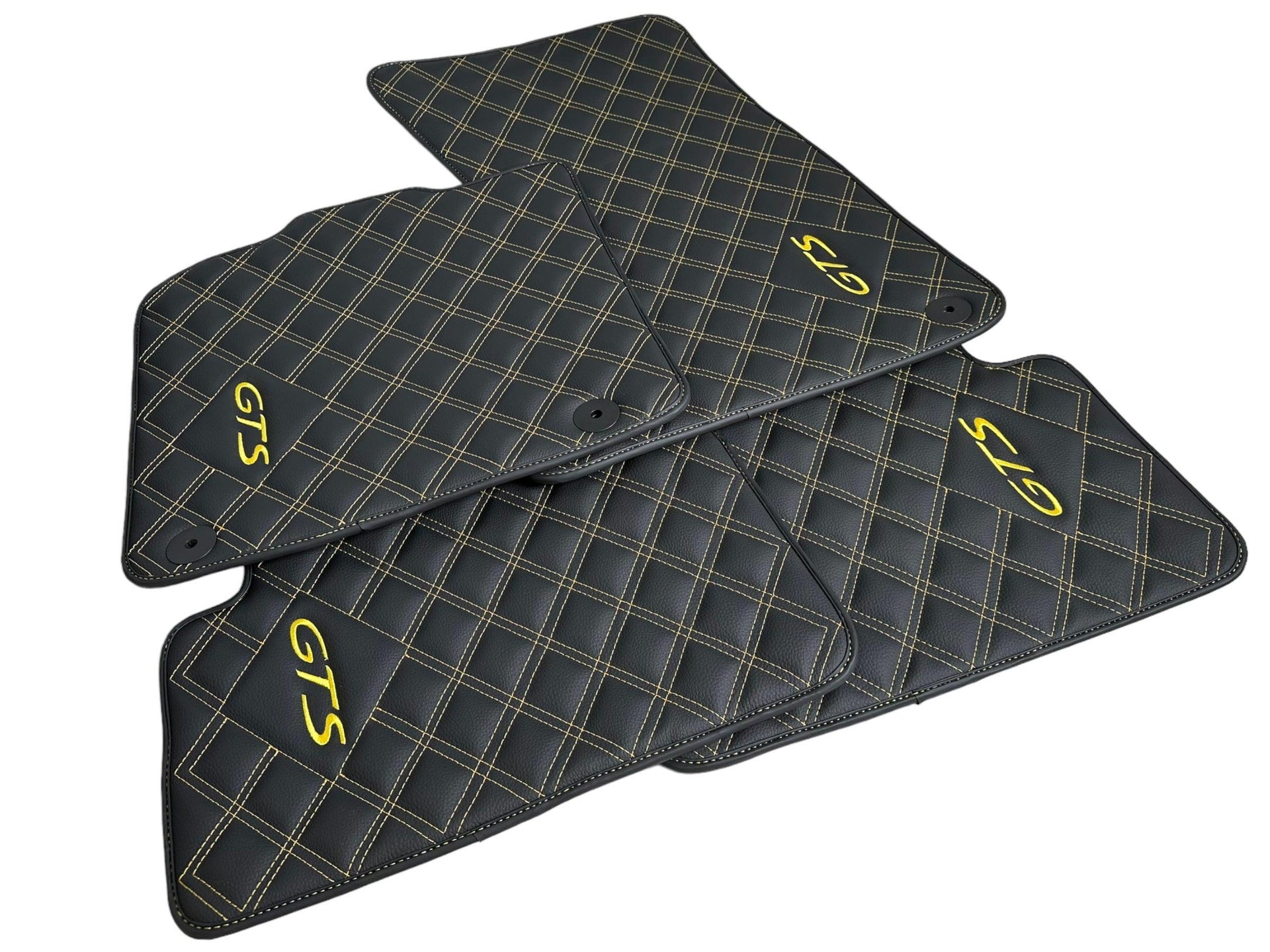 Black Leather Floor Mats for Porsche Macan GTS Yellow Sewing - AutoWin