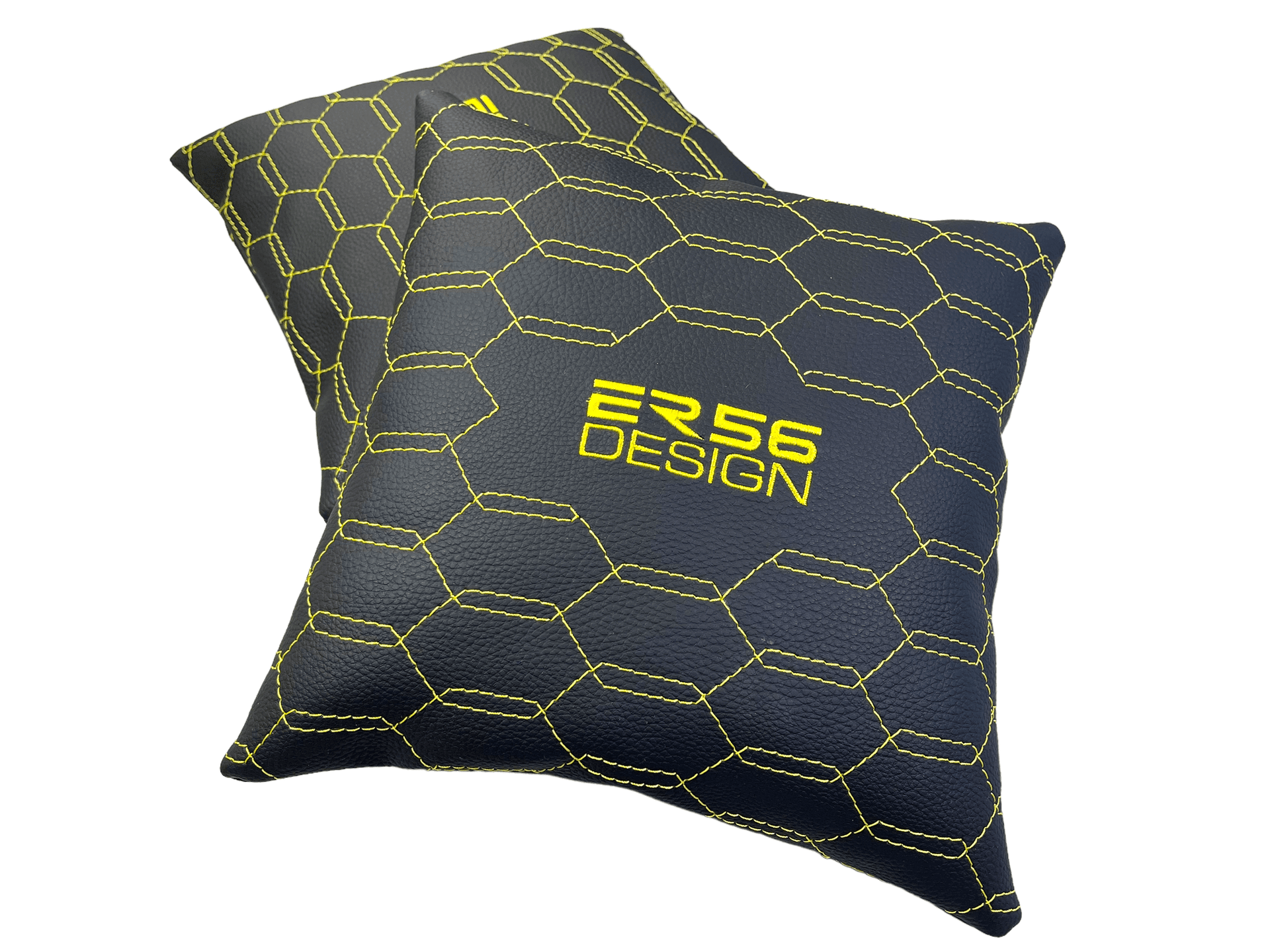Black Leather Pillows ER56 Design Set of 2 Yellow Sewing - AutoWin