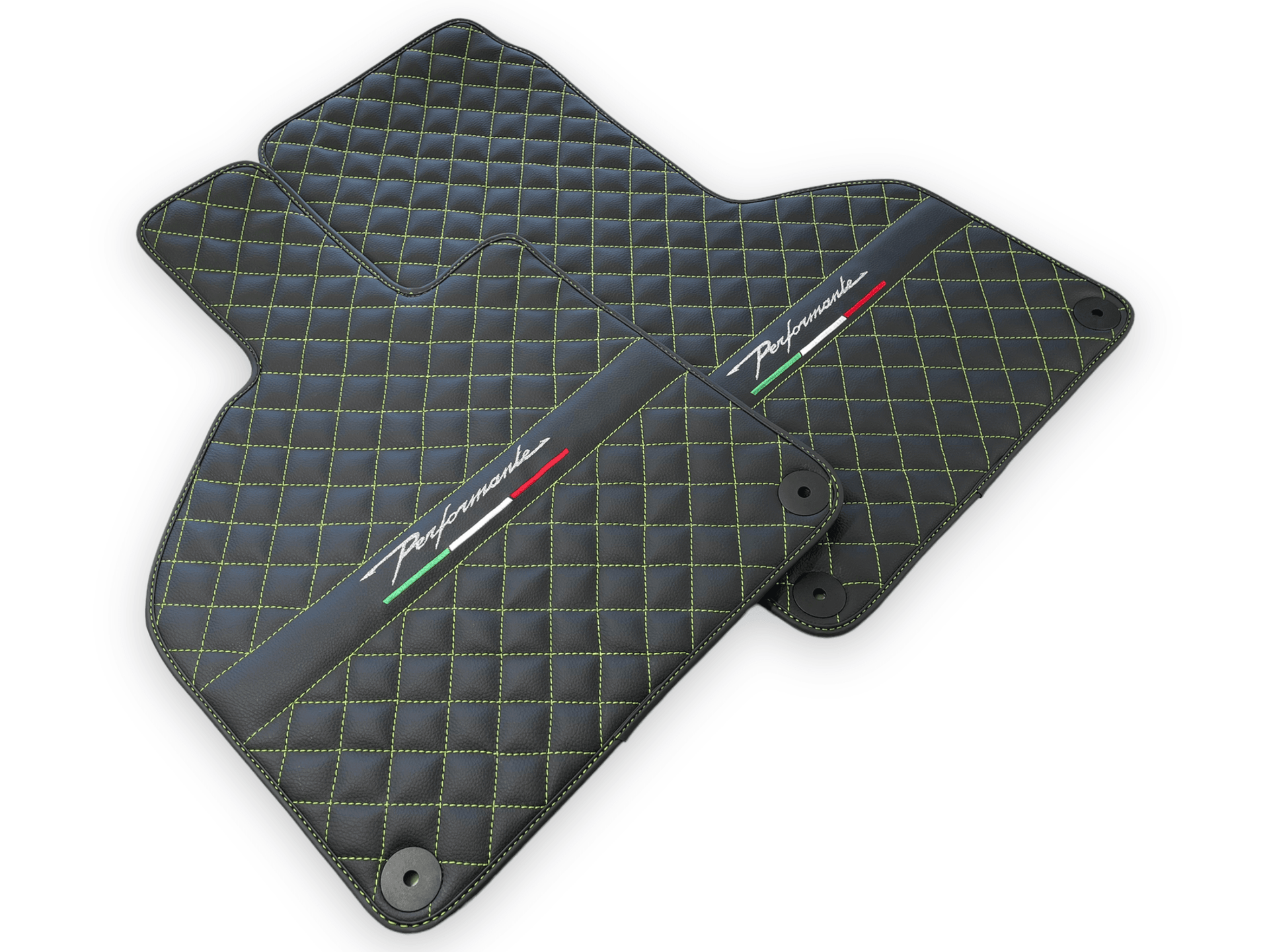 Black Leather Floor Mats for Lamborghini Huracan Perfomante | Green Stitching - AutoWin