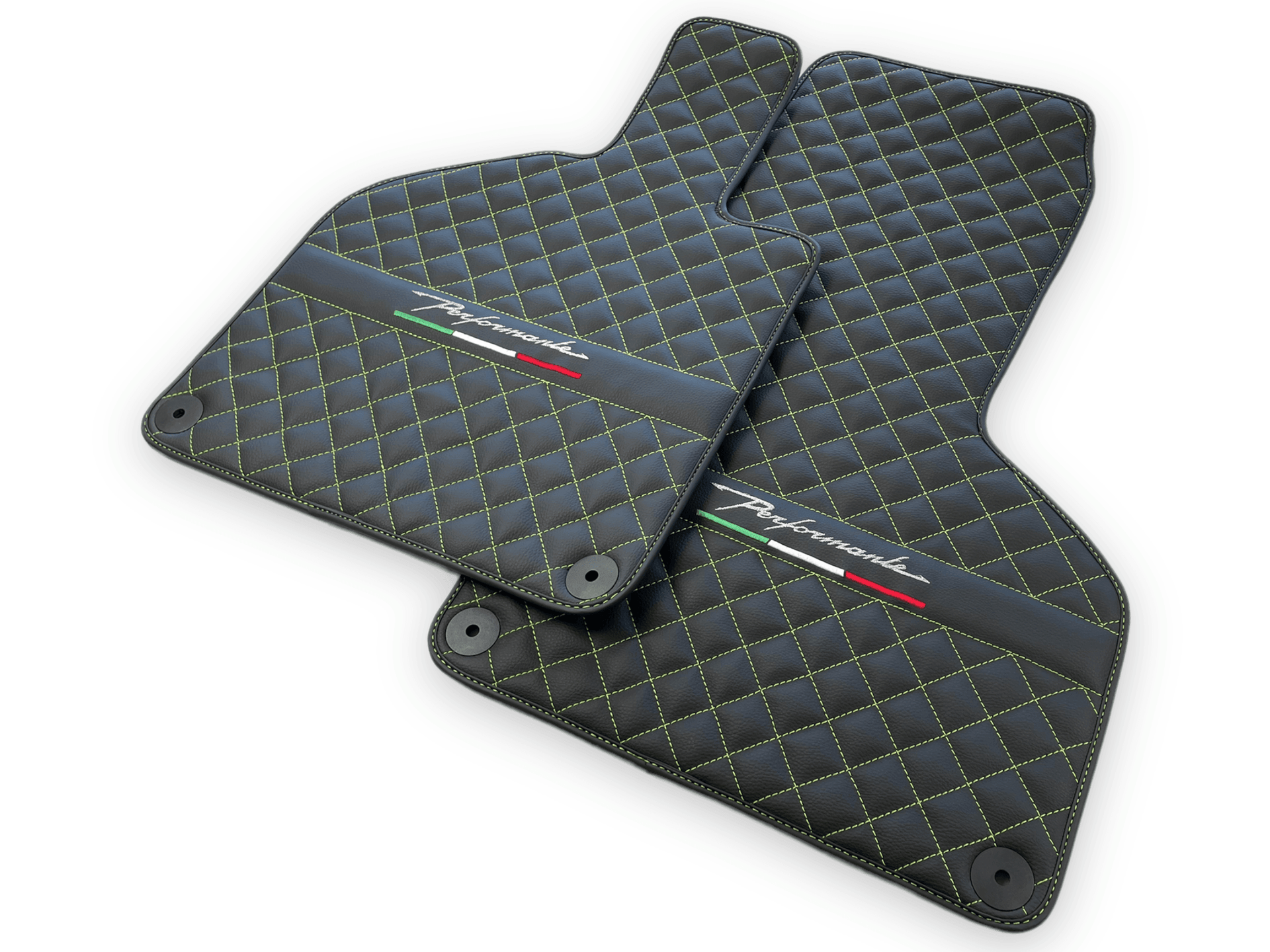 Black Leather Floor Mats for Lamborghini Huracan Perfomante | Green Stitching - AutoWin
