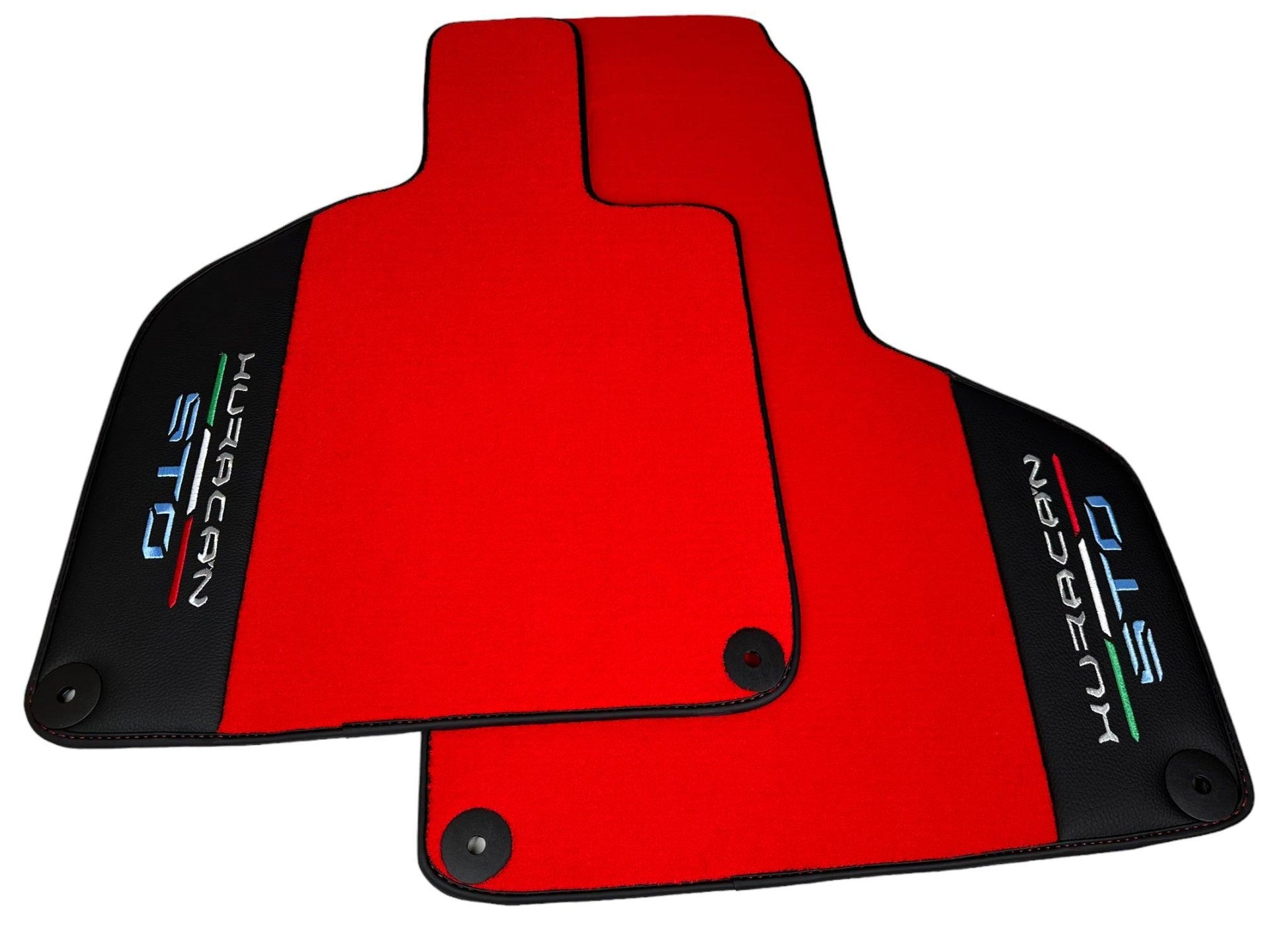 Red Floor Mats for Lamborghini Huracan STO With Black Leather Red Sewing - AutoWin