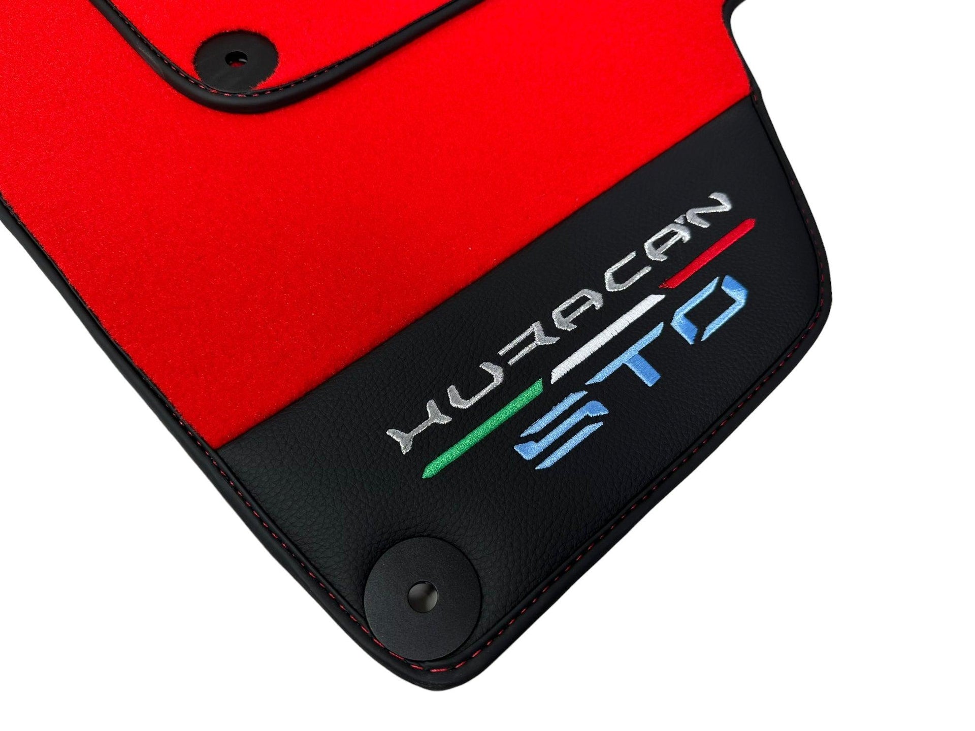 Red Floor Mats for Lamborghini Huracan STO With Black Leather Red Sewing - AutoWin