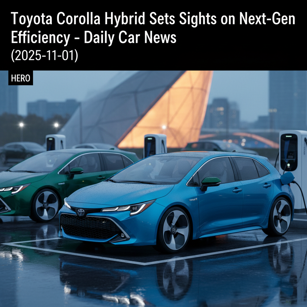 Editorial, photo-realistic HERO for an automotive daily news article titled "Toyota Corolla Hybrid Sets Sights on Next-Gen Efficiency – Daily Car News