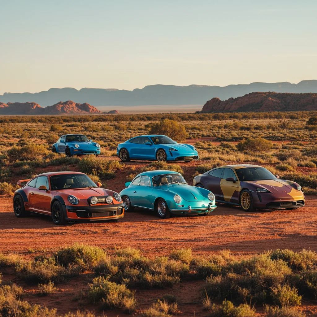 Editorial photo-realistic HERO image for automotive news (2026-03-07). Feature Porsche vehicles specifically Custom Porsche Builds. Scene: A breathtak