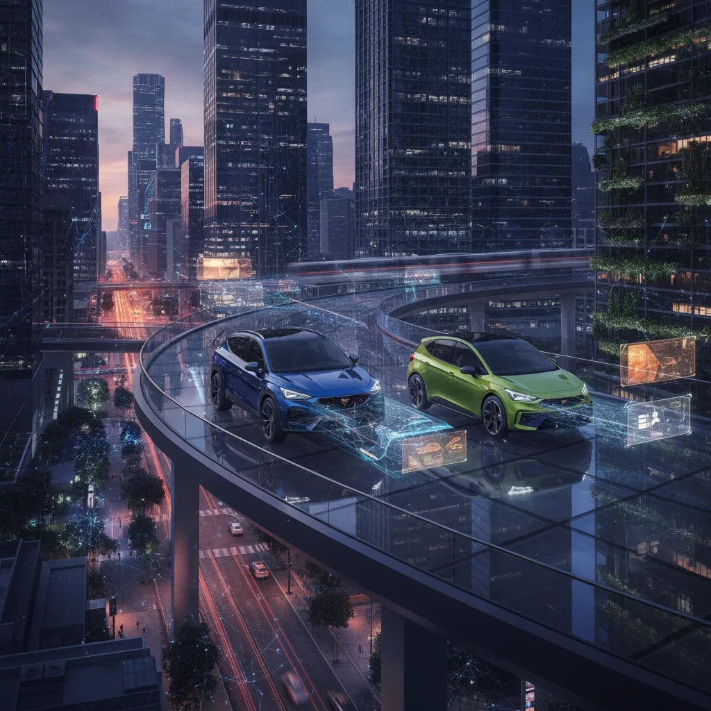 Editorial photo-realistic HERO image for automotive news (2026-07-27). Feature Cupra vehicles specifically specific model names mentioned in the artic