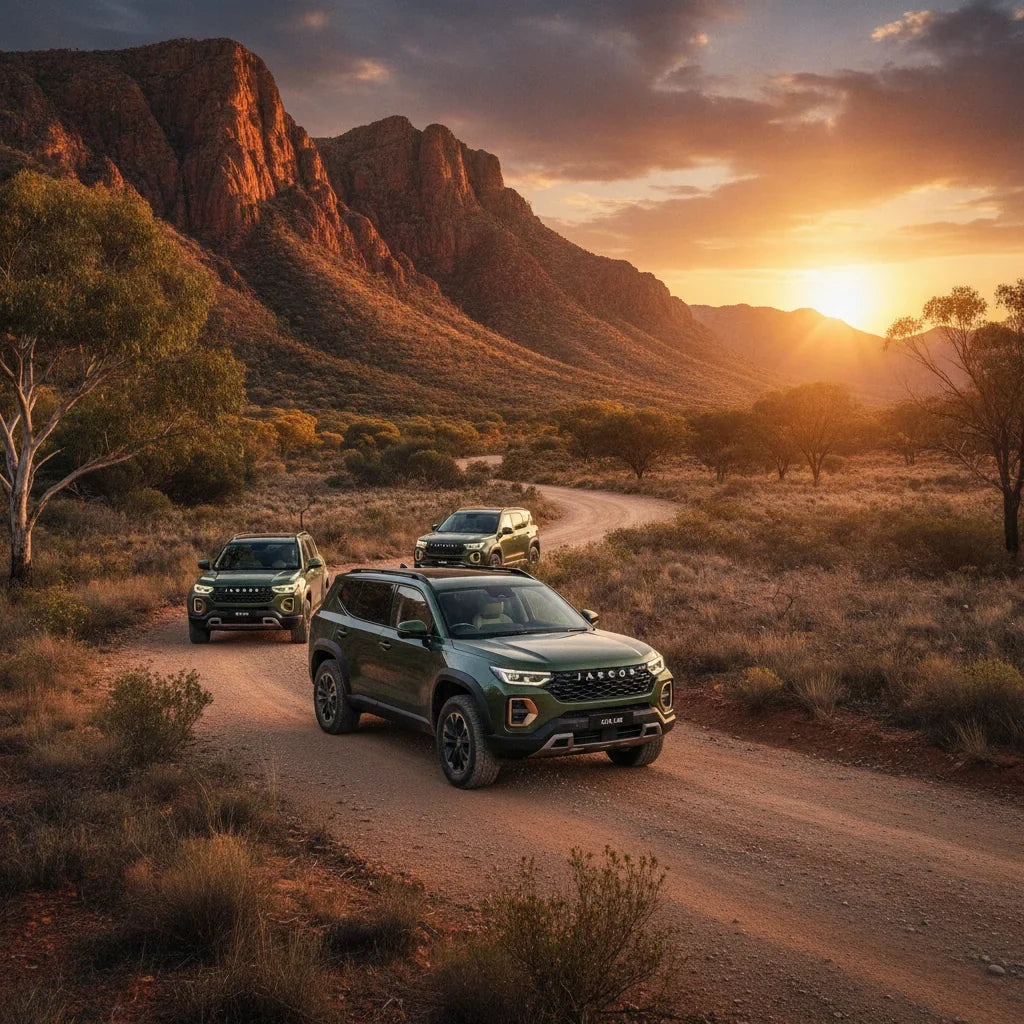 Editorial photo-realistic HERO image for automotive news (2026-07-28). Feature Jaecoo vehicles specifically J8 SHS. Scene: A scenic Australian landsca