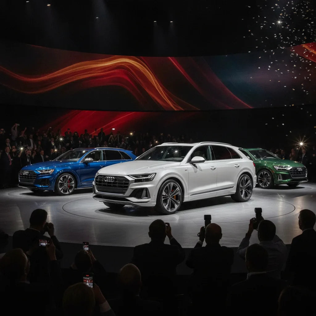Editorial photo-realistic HERO image for automotive news (2026-07-29). Feature Audi vehicles specifically Q9, SQ9. Scene: The grand unveiling of the 2