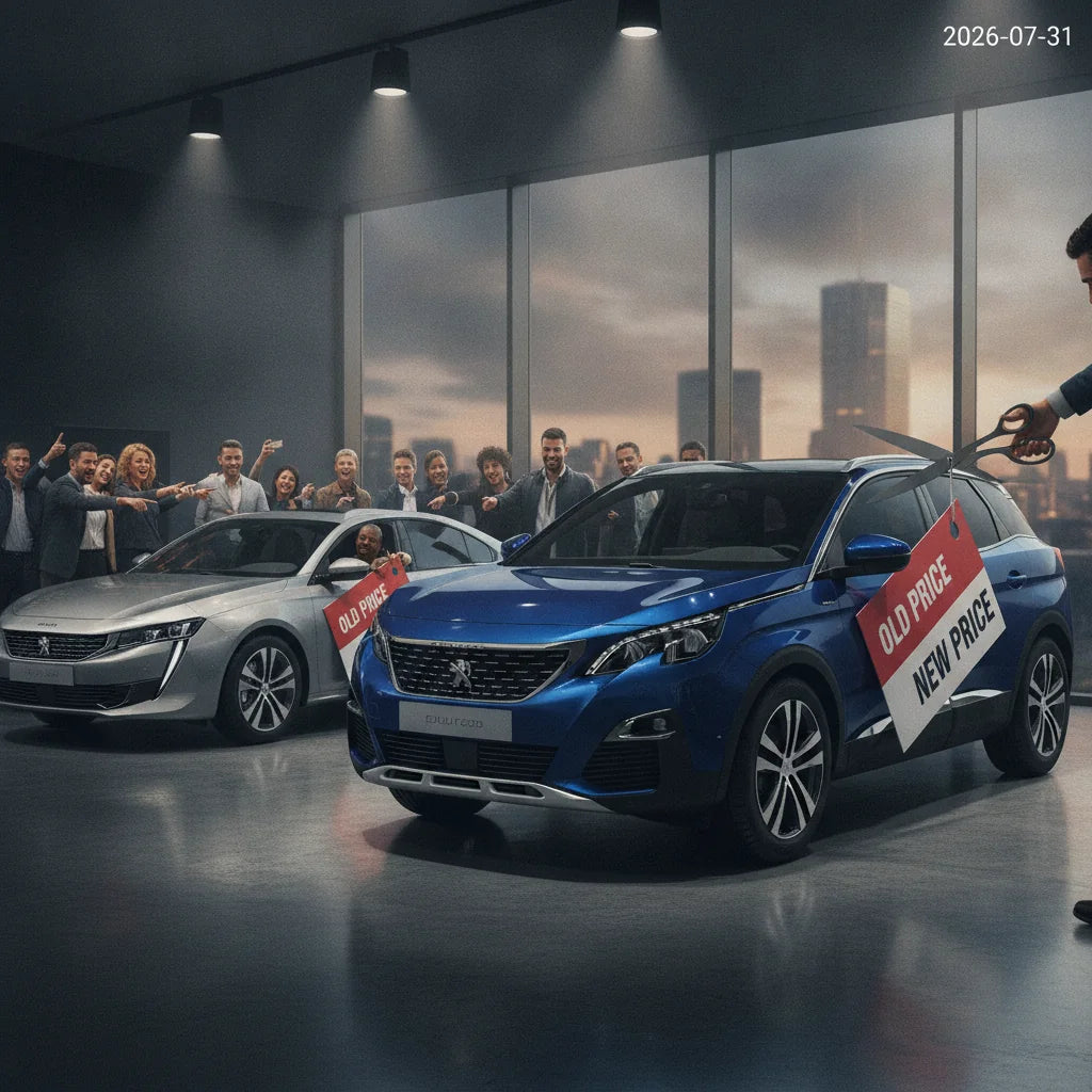 Editorial photo-realistic HERO image for automotive news (2026-07-31). Feature Peugeot vehicles specifically Peugeot 3008, Peugeot 508. Scene: A drama