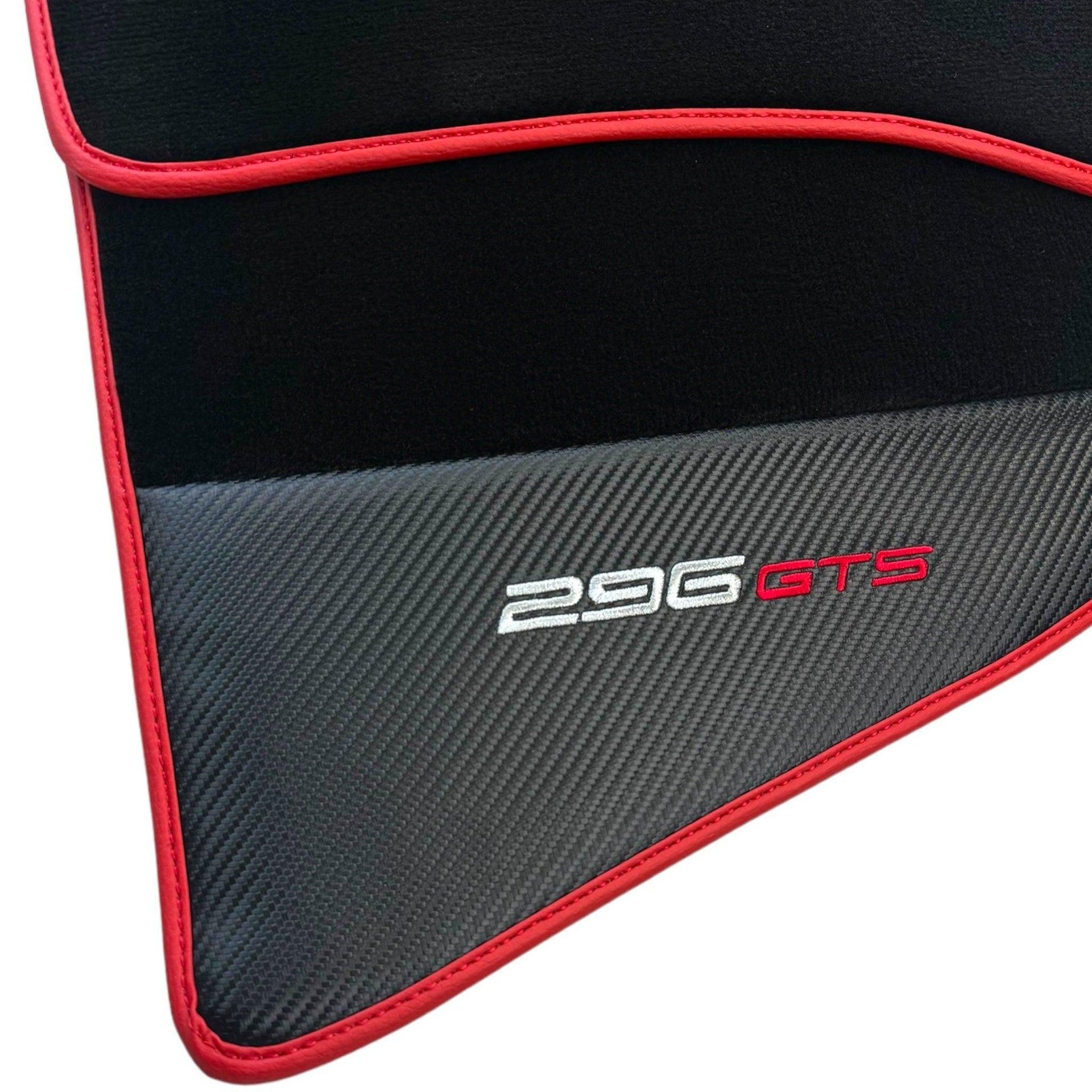 Black Floor Mats for Ferrari 296 GTS (2022-2024) with Carbon Fiber | Red Trim - AutoWin