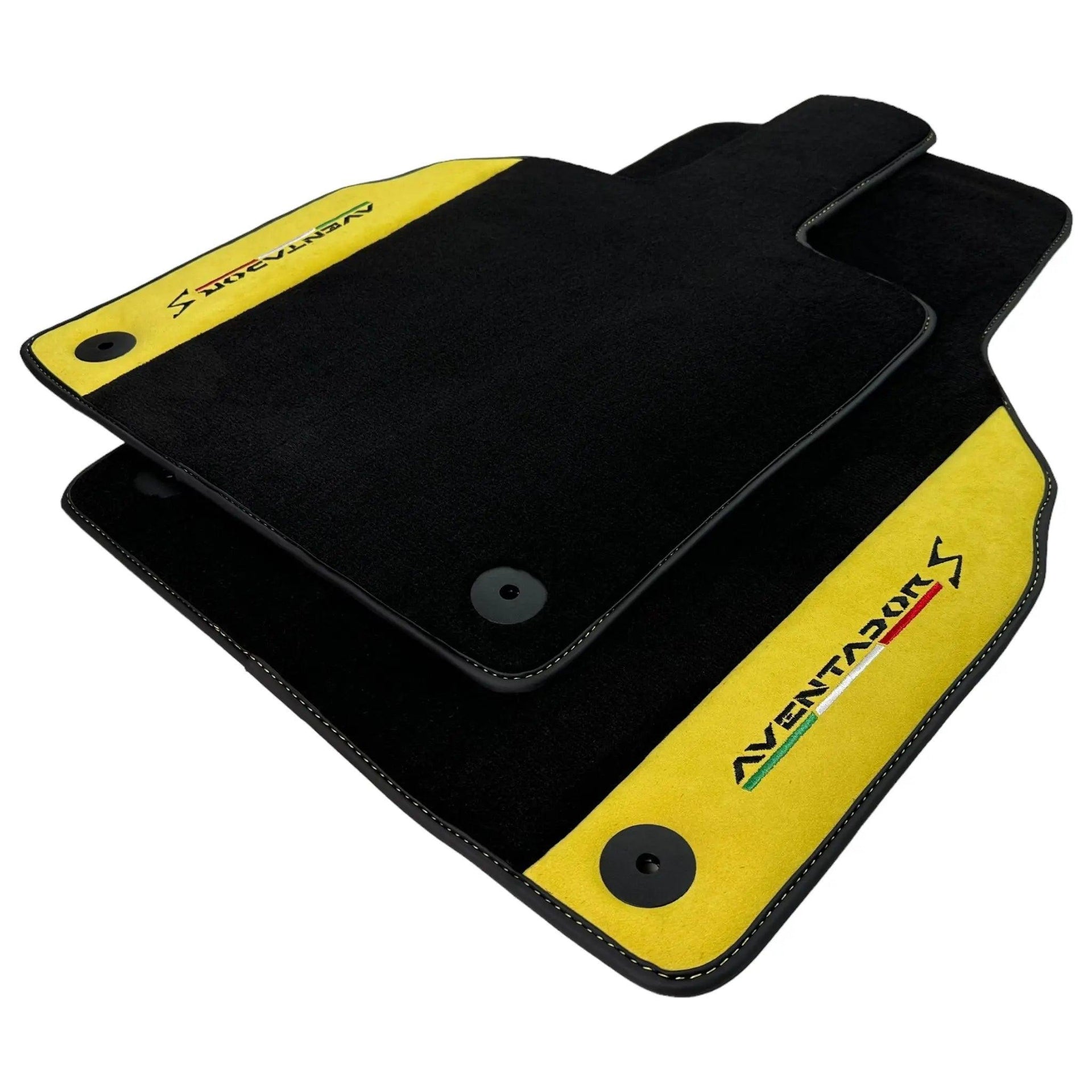 Black Floor Mats for Lamborghini Aventador S with Yellow Alcantara Leather - AutoWin