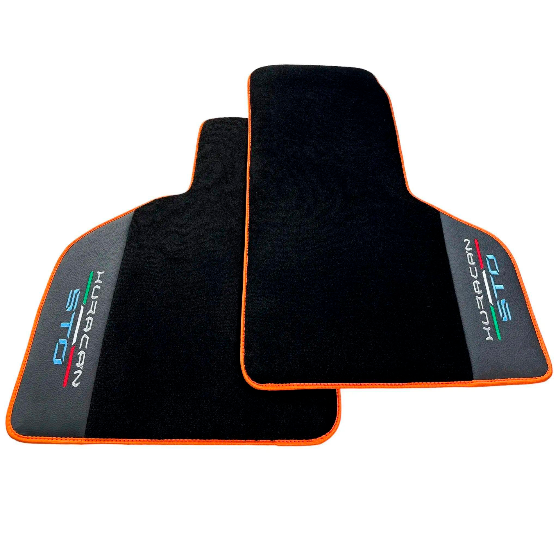 Black Floor Mats for Lamborghini Huracan STO With Black Leather and Orange Trim