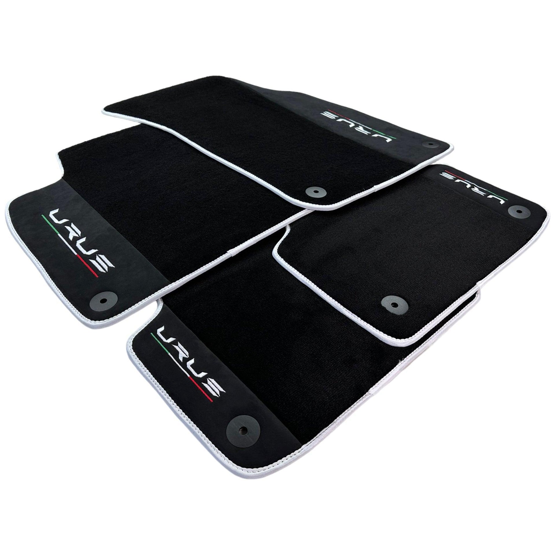 Black Floor Mats For Lamborghini Urus With Alcantara Leather White Trim - AutoWin