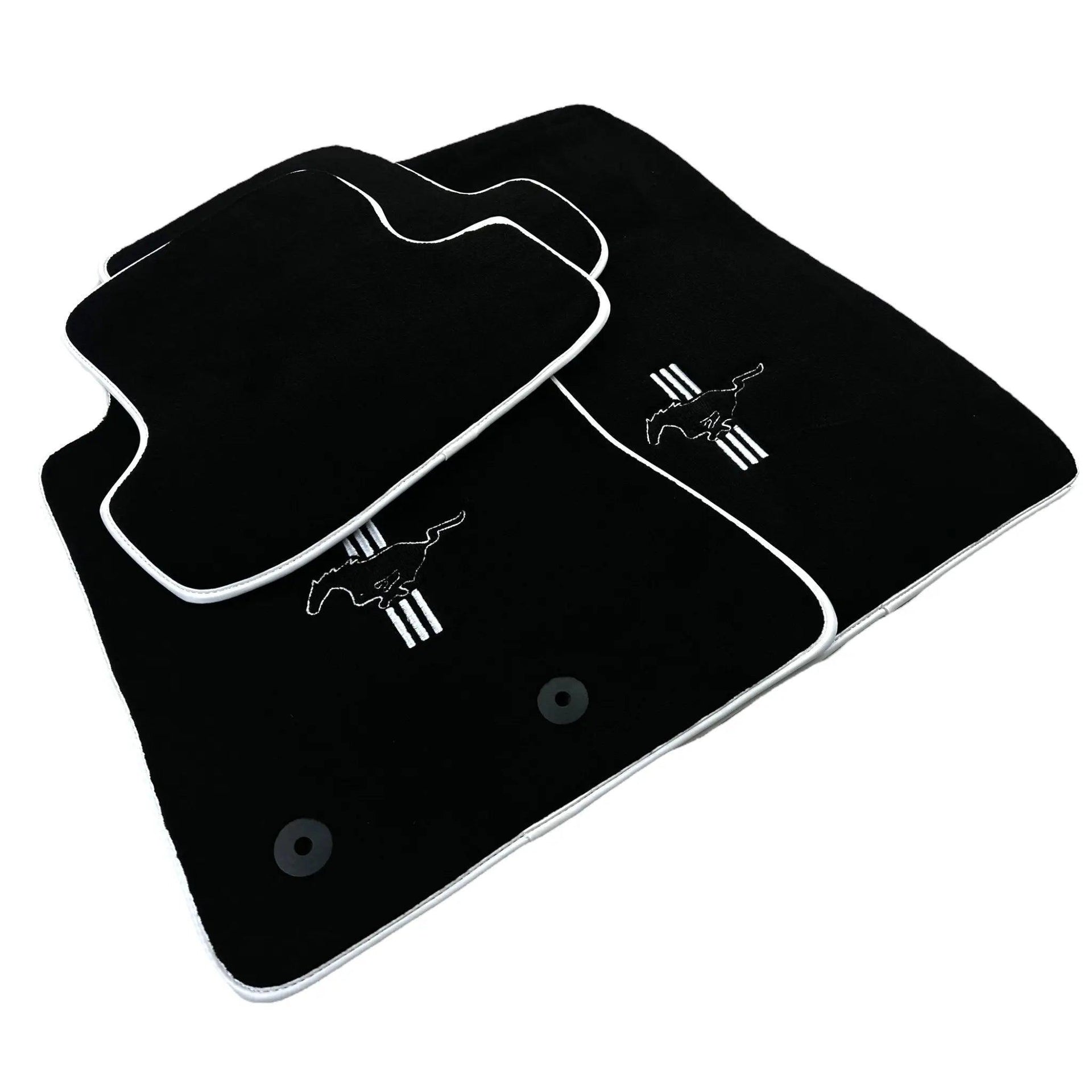 Black Floor Mats with White Trim For Ford Mustang VI (2015-2023) With Pony - AutoWin