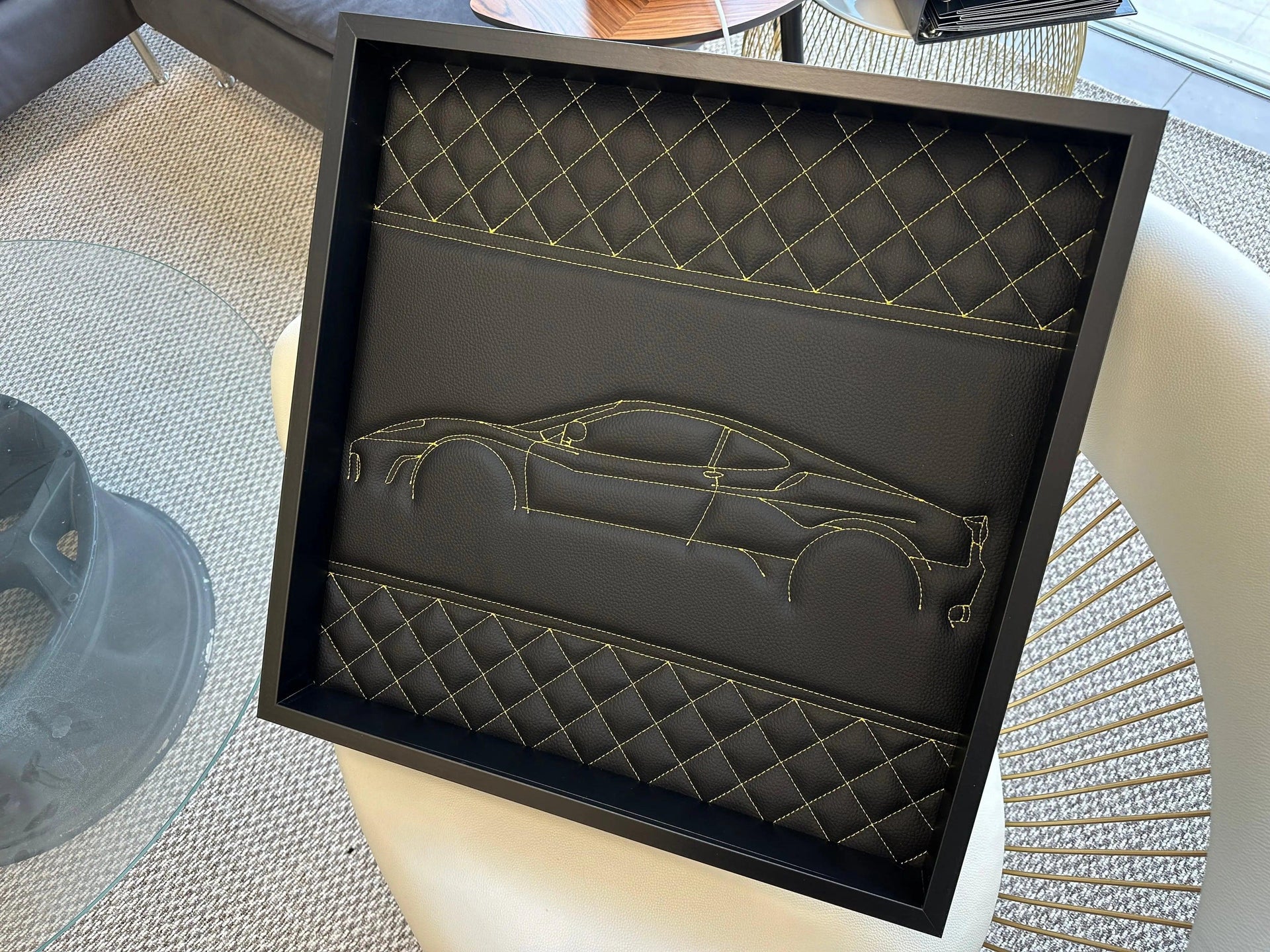 Black Leather Ferrari 458 Inspired Wall Art: Embroidered Yellow Stitch Luxury Decor - AutoWin