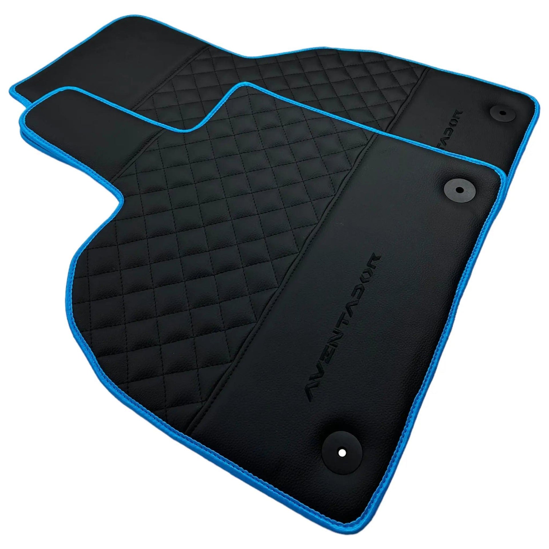 Black Leather Floor Mats For Lamborghini Aventador with Blue Trim - AutoWin
