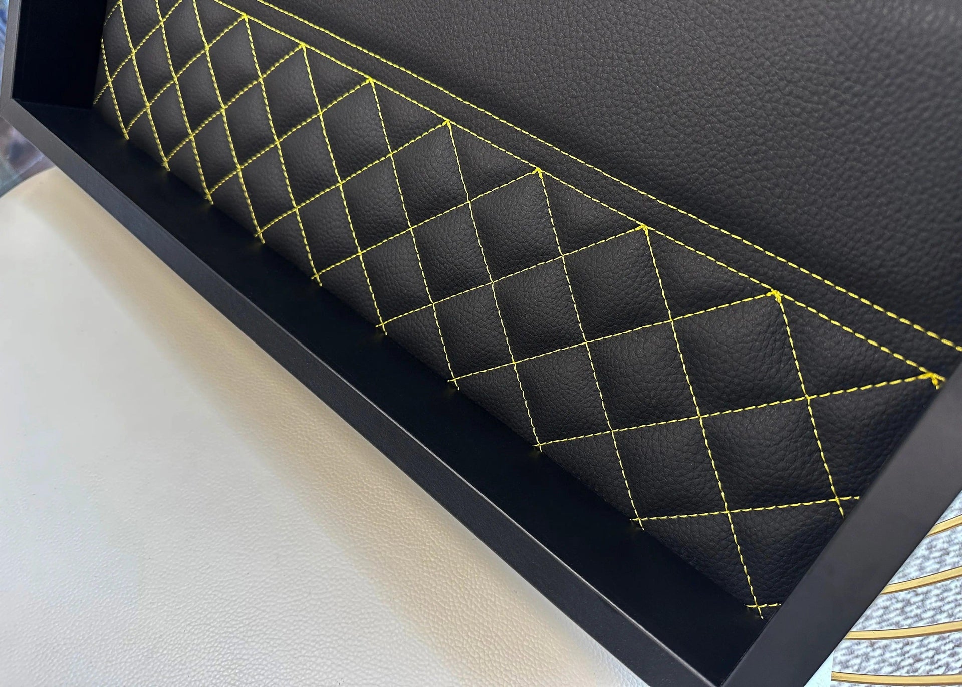 Black Leather Lamborghini Countach Inspired Wall Art: Embroidered Yellow Stitch Luxury Decor - AutoWin