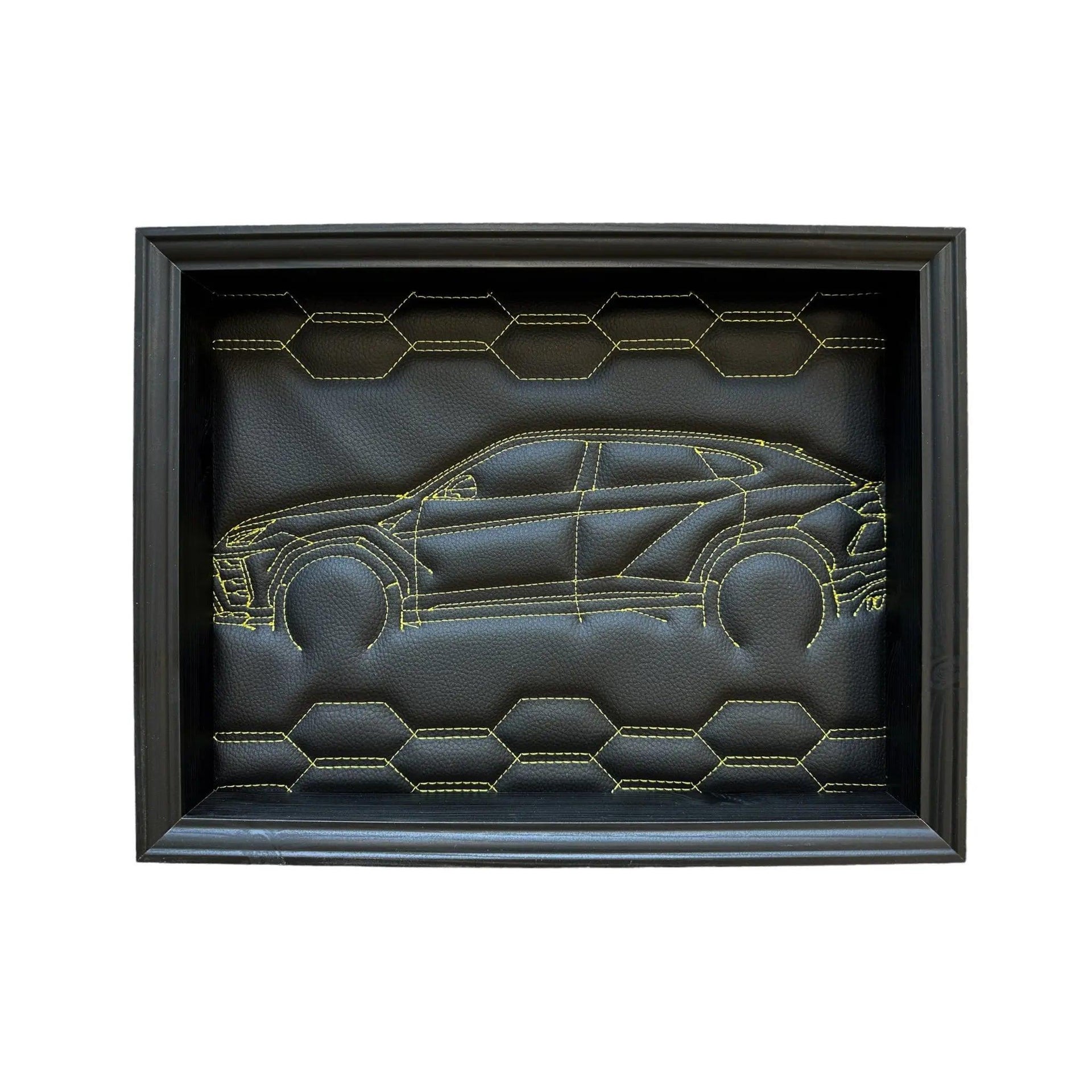 Black Leather Lamborghini Urus Inspired Wall Art: Embroidered Yellow Stitch - AutoWin