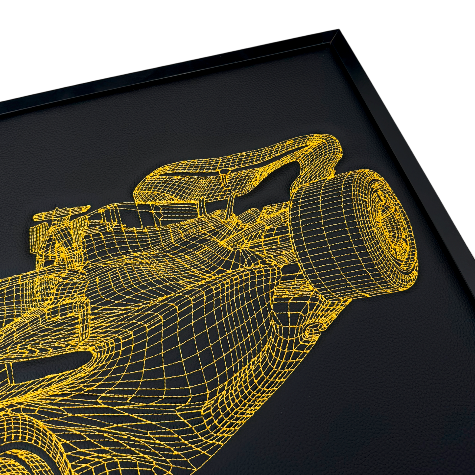 Black Leather Formula 1 Race Car Inspired Wall Art: Embroidered Yellow Stitch