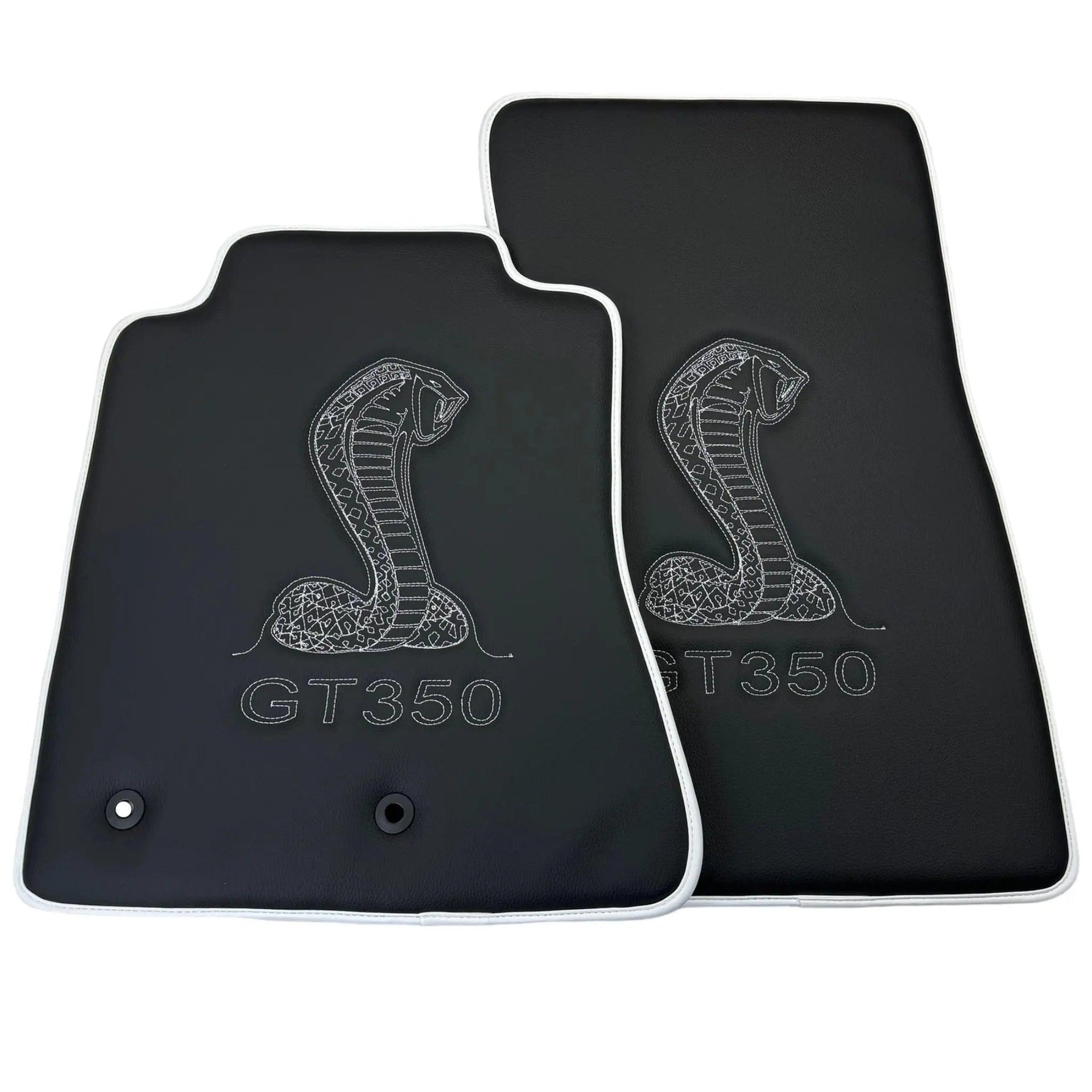 Leather Floor Mats for Ford Mustang GT350 Shelby (2015-2021) with Cobra Sewing | White Trim - AutoWin