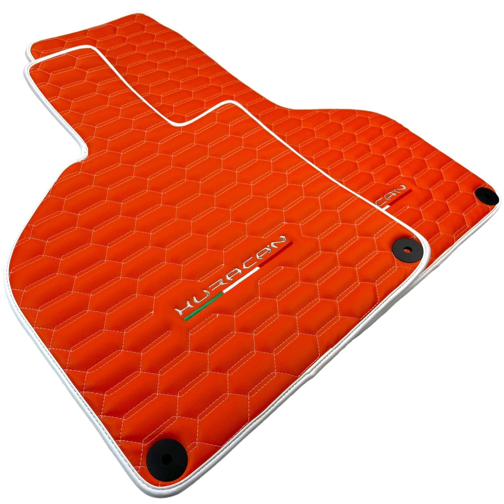 Orange Leather Floor Mats for Lamborghini Huracan with White Trim - AutoWin