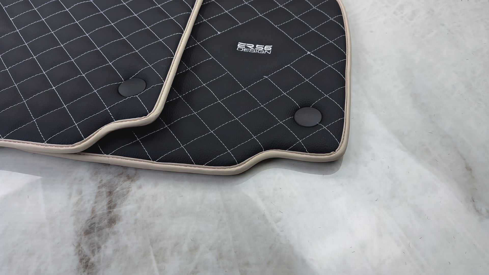 Leather Floor Mats for Ferrari 488 Spider 2015-2022 with White Sewing ER56 Design | Beige Trim - AutoWin