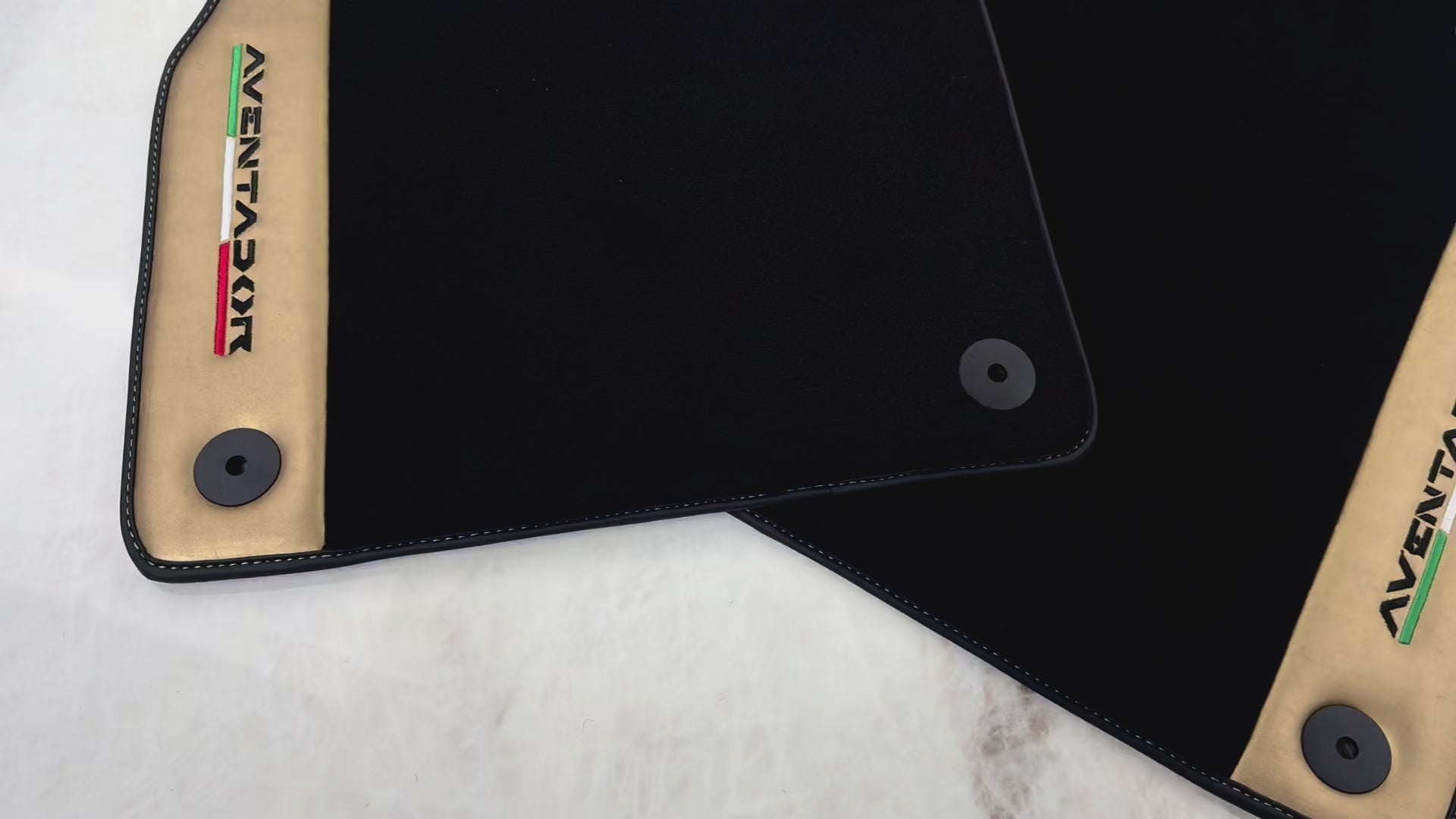 Italian Edition Black Floor Mats for Lamborghini Aventador (2012-2022) with Gold Leather Border - AutoWin.EU